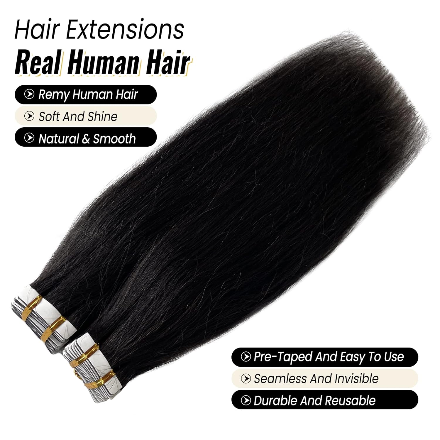 Yaki – Extensiones de cabello humano con cinta adhesiva para mujeres negras, 3.53 onzas, 40 unidades, color negro natural, extensiones de cabello