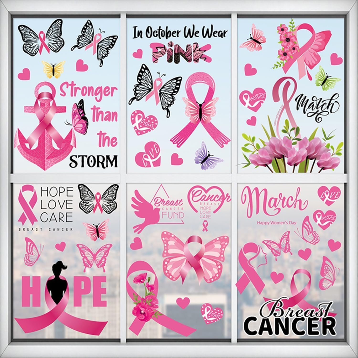 9 hojas de calcomanías para ventana de cáncer de mama para vidrio, cinta rosa para mujer, calcomanías de concientización sobre el cáncer de mama,