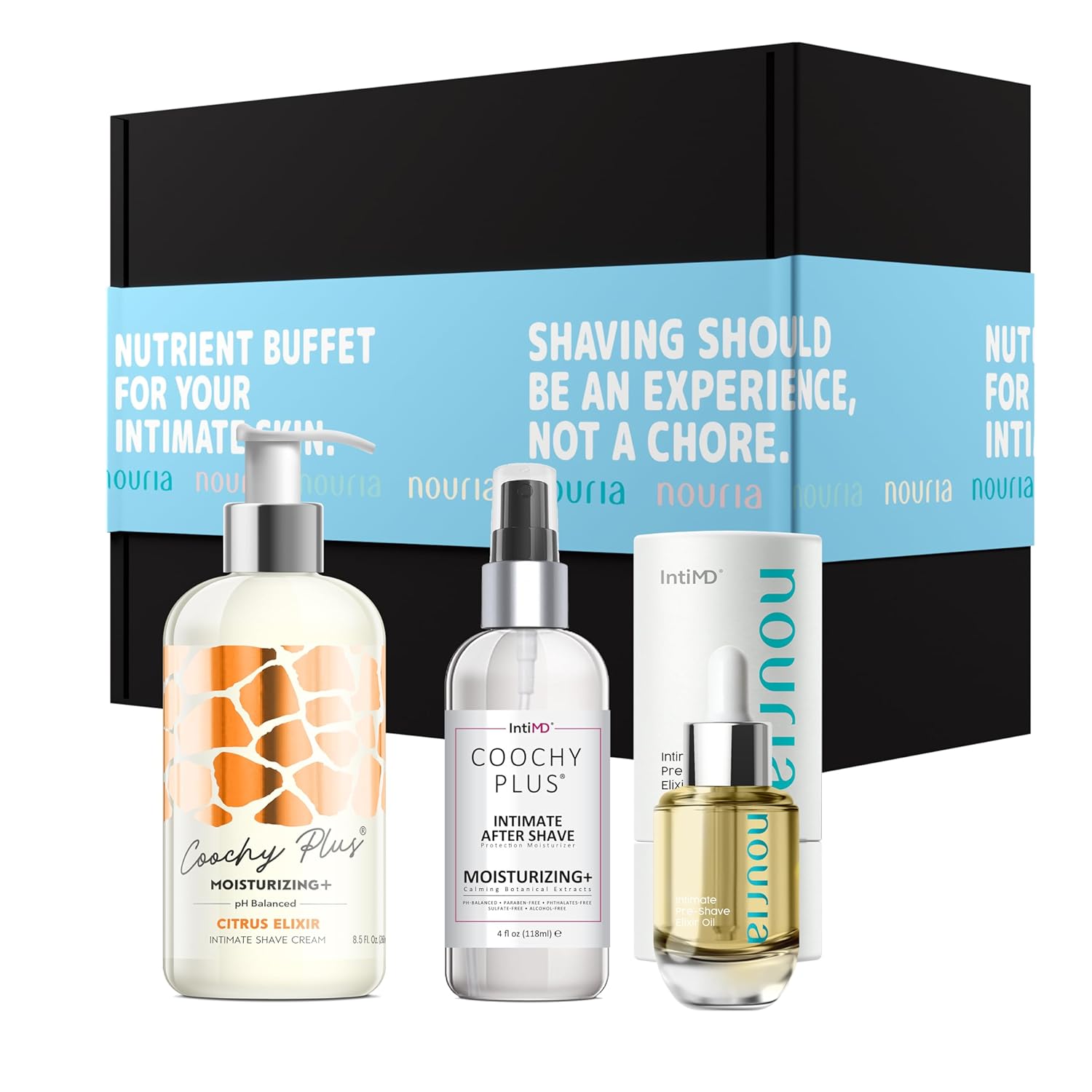 IntiMD Coochy Plus HydroLock Moisturizing+ Kit de 3 pasos para afeitado íntimo Set de regalo aceite de elixir para antes del afeitado Nouria + crema