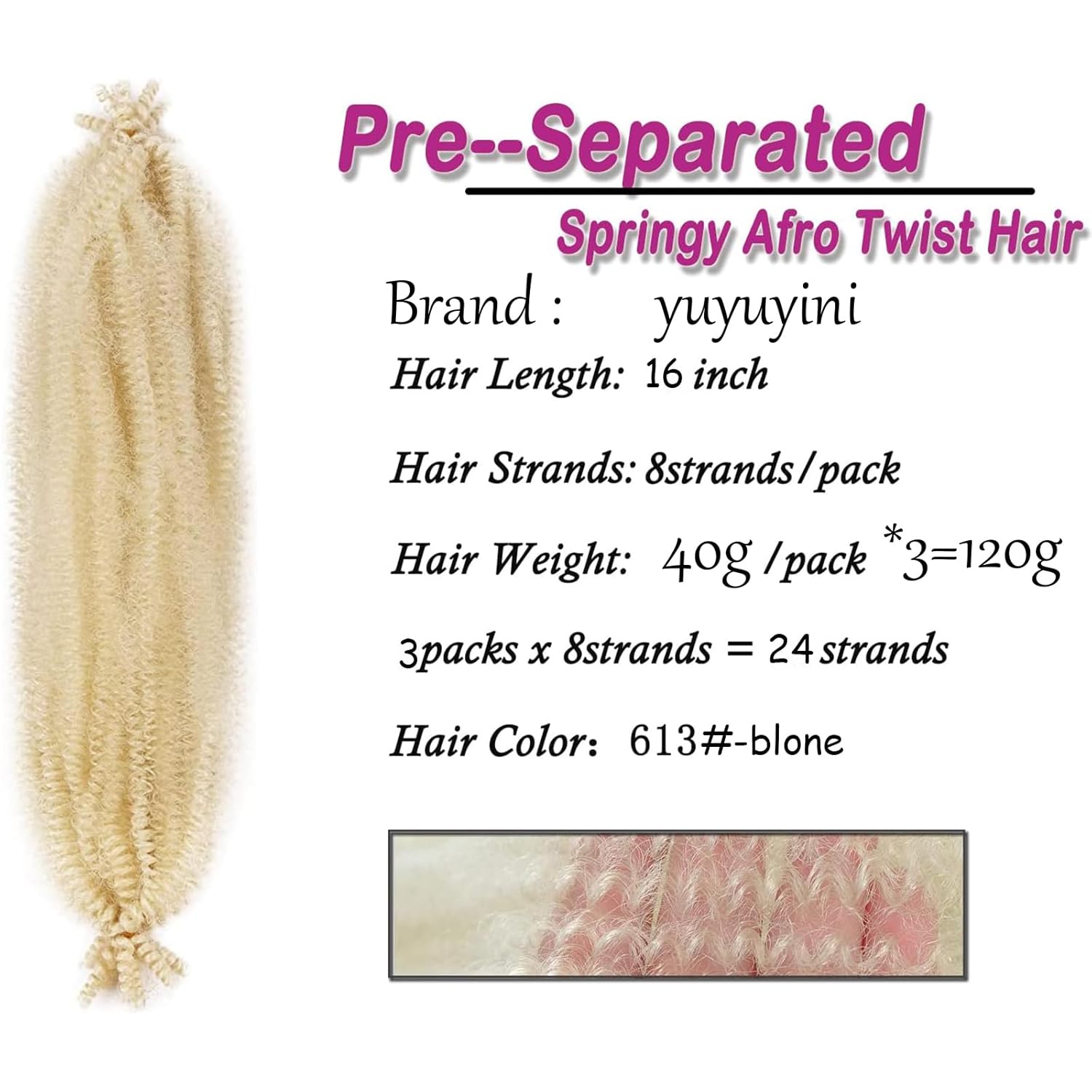 Cabello afro trenzado, 3 piezas preseparadas de cabello rizado Marley Twist trenzado de 16 pulgadas para rastas sintéticas desgastadas, extensiones