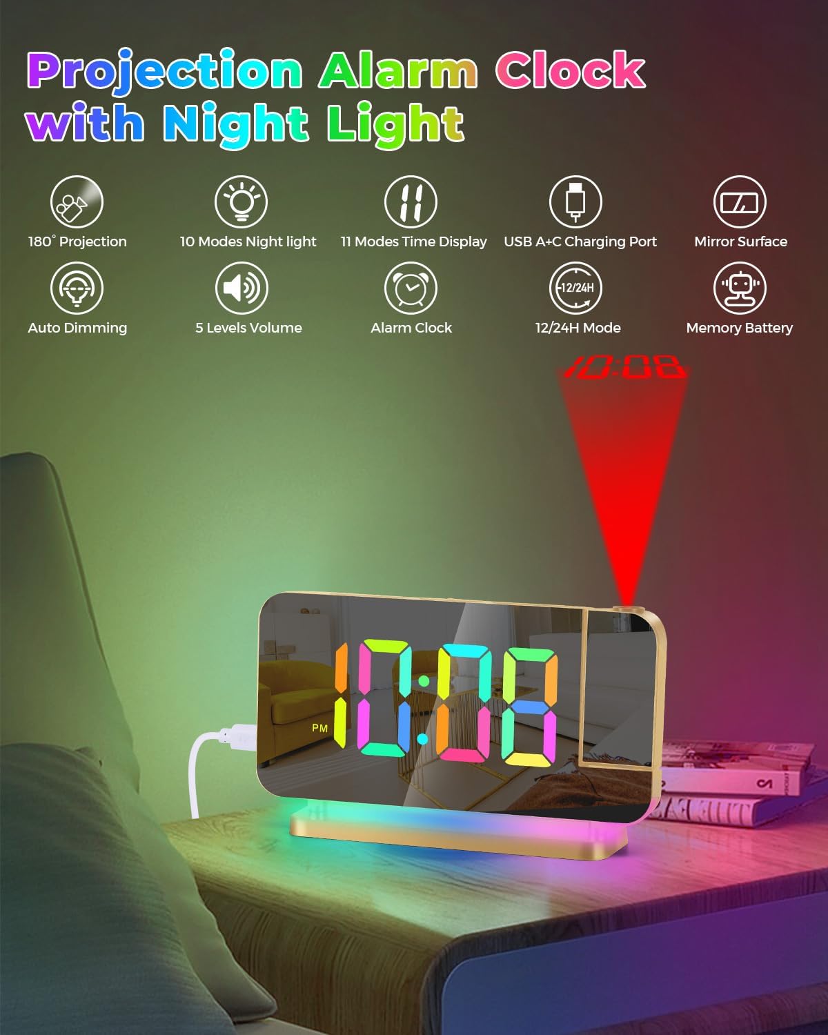 SZELAM Reloj despertador de proyección, reloj digital con espejo LED de 7.4 pulgadas, pantalla grande, con proyector giratorio de 180, luz nocturna