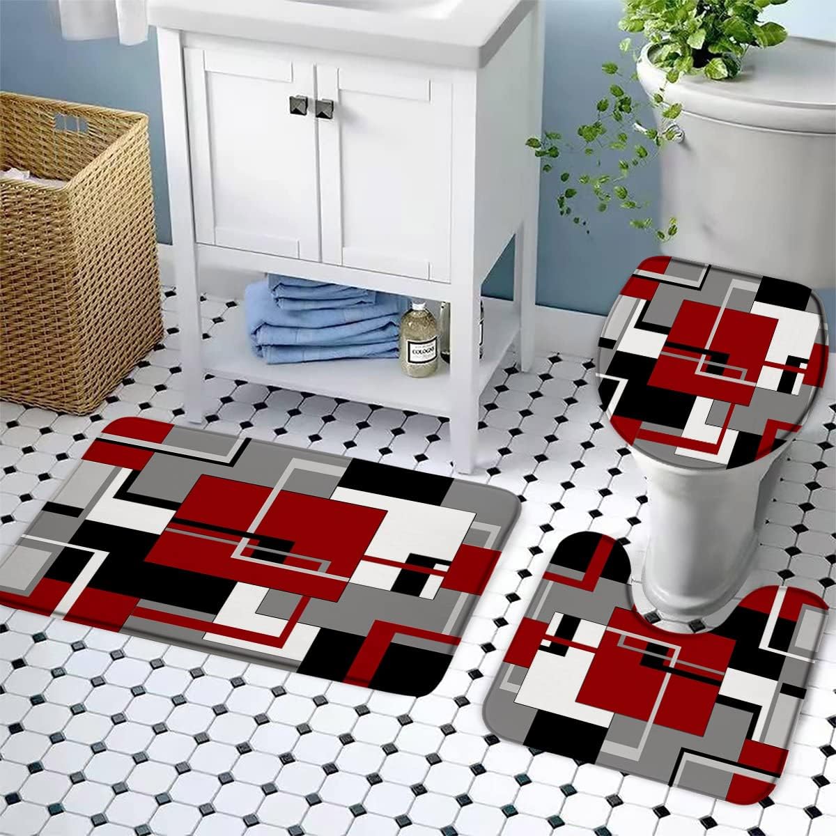 Juego de 3 alfombrillas de baño geométricas abstractas para baño, rojo, gris, negro, blanco, geométrico, cuadrados, contemporáneo, moderno, simple,
