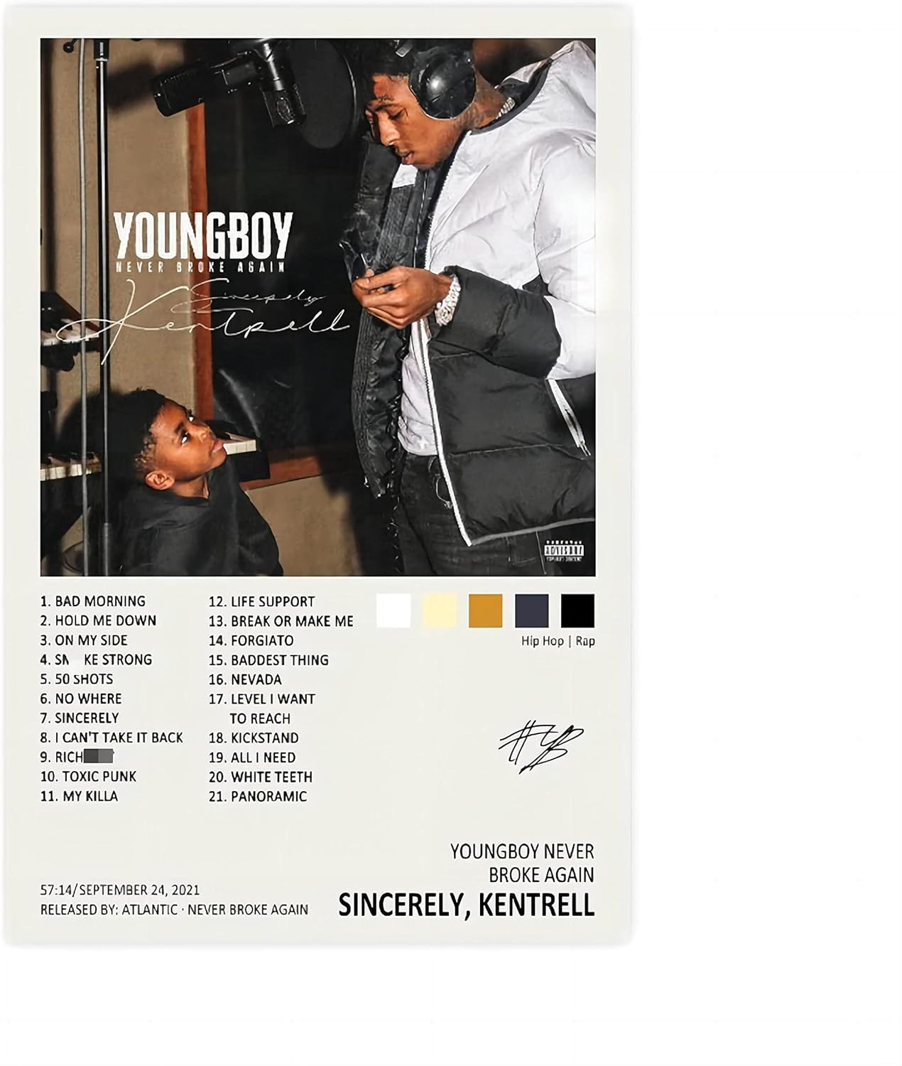 TOBIANG Póster de Youngboy con diseño de Sincerely Kentrell, con portada de álbum de música, firmado, limitado, póster de lienzo para decoración de