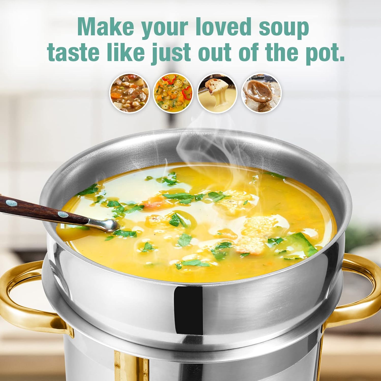 Restlrious Soup Chafer – Calentador de sopa redondo de acero inoxidable de 7 cuartos de galón, calentador de sopa grande de marmita, con tapa de