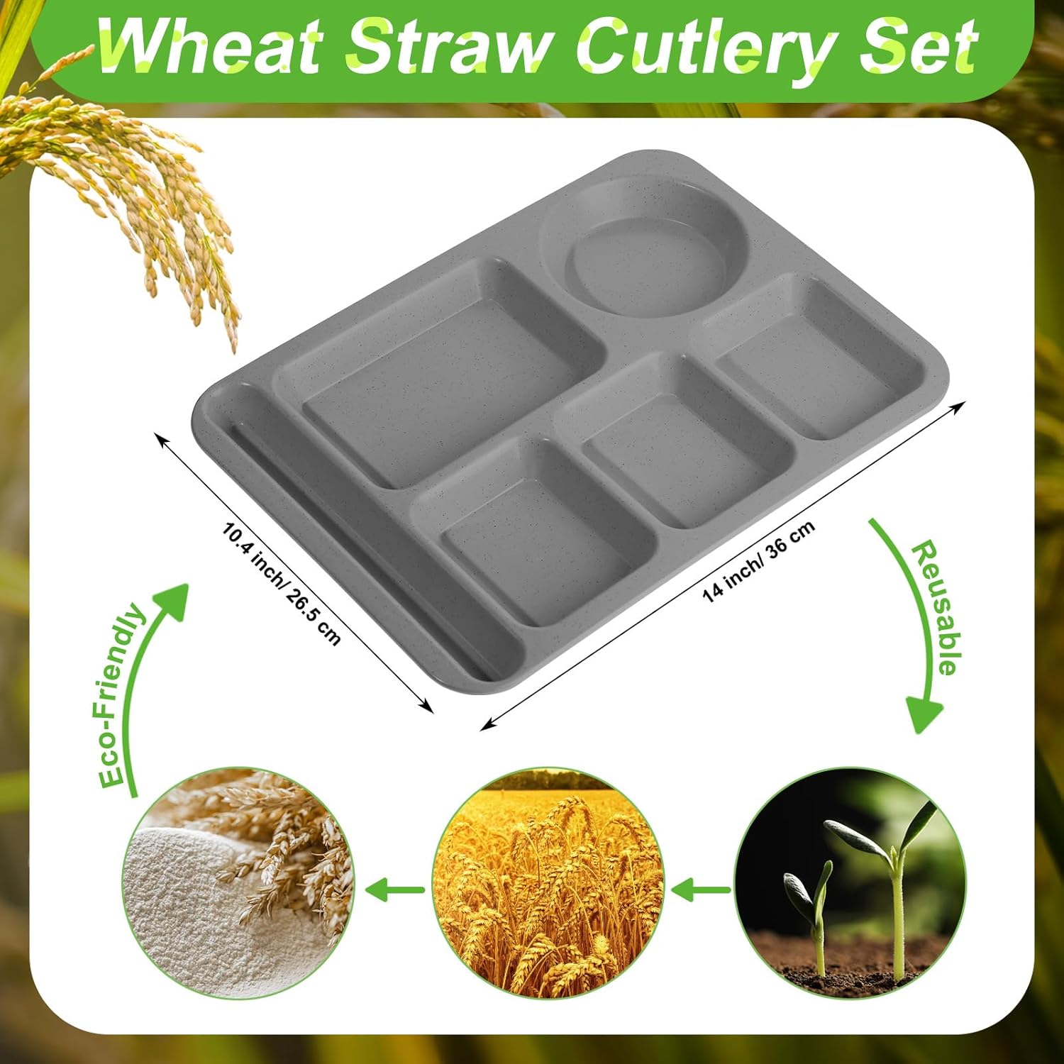 Tioncy 20 platos divididos grandes de paja de trigo de 14.2 pulgadas para adultos, bandejas irrompibles para el almuerzo para niños con
