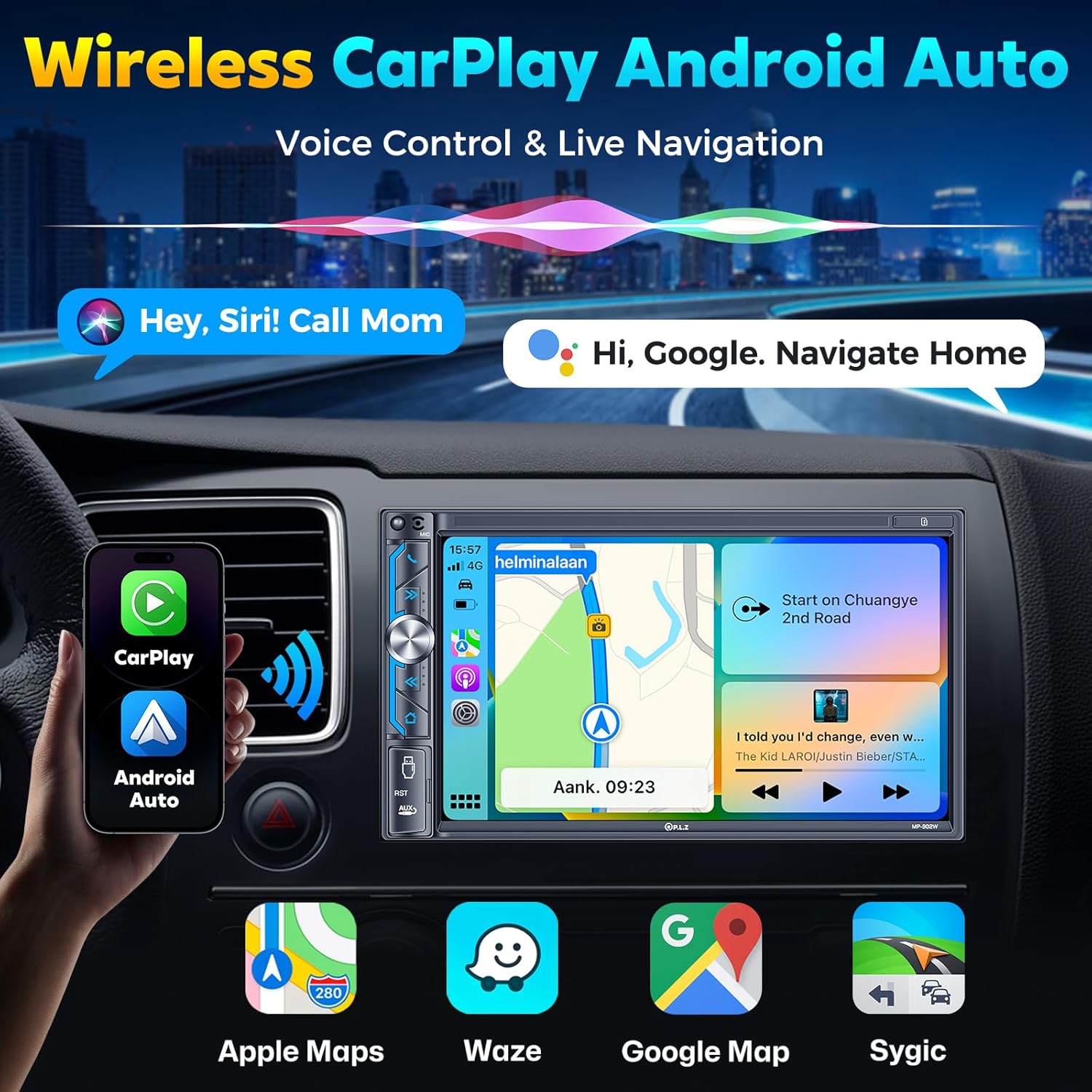 PLZ Radio estéreo inalámbrica de doble DIN para automóvil Apple, Bluetooth 5.3, receptores de audio, pantalla táctil automática Carplay Android de 7