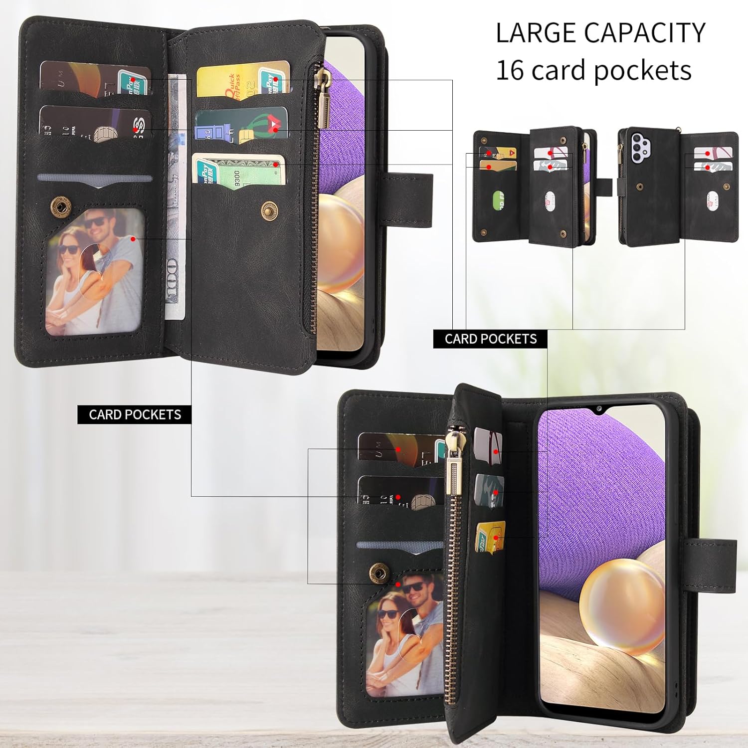 Asuwish Funda de teléfono para Samsung Galaxy A32 5G 2021 de 6.5 pulgadas con protector de pantalla de vidrio templado y correa para la muñeca,