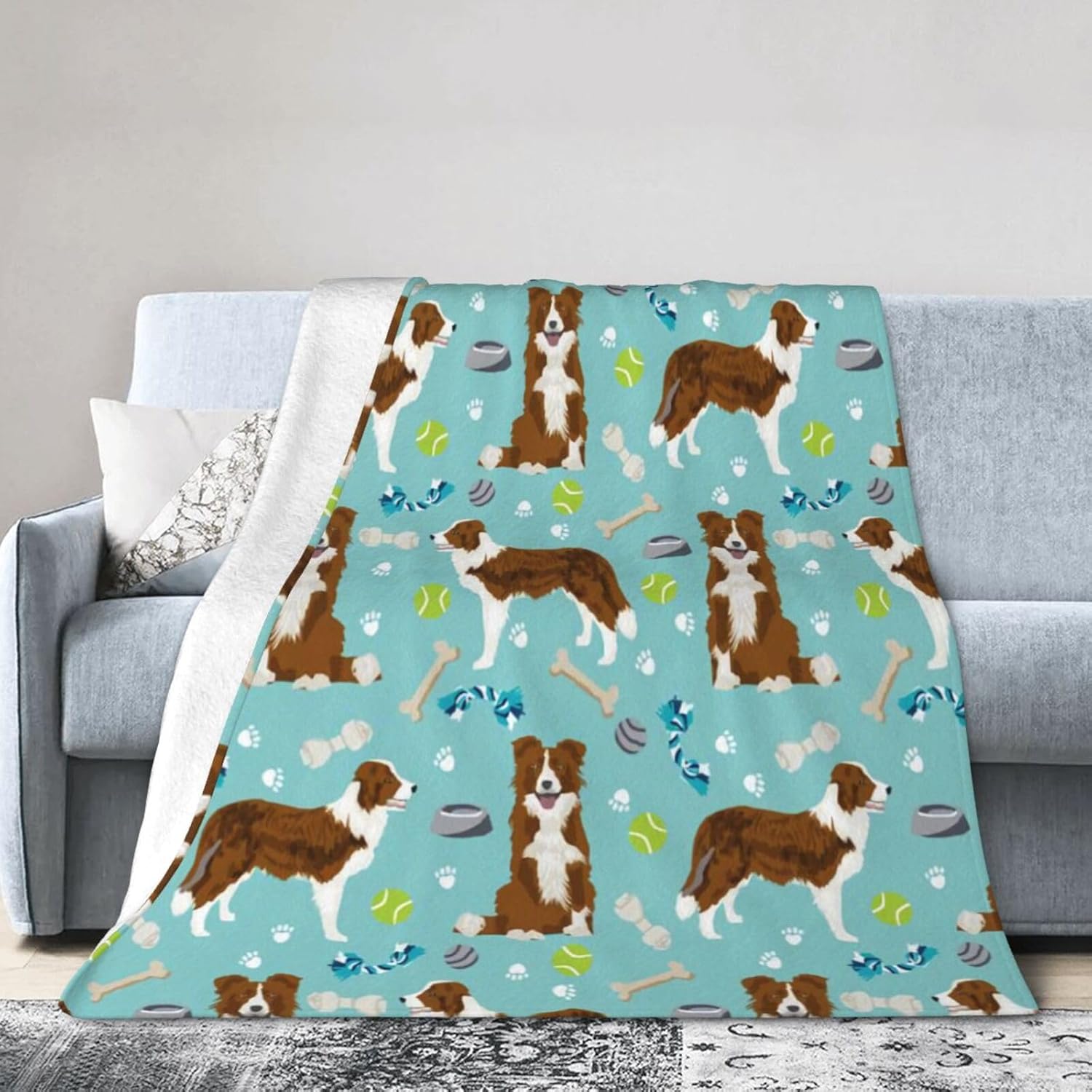 Xoeiran Manta de franela de felpa de vellón, lindo perro y juguetes de Border Collie y juguetes ligeros y reclinables, ropa de cama con aire