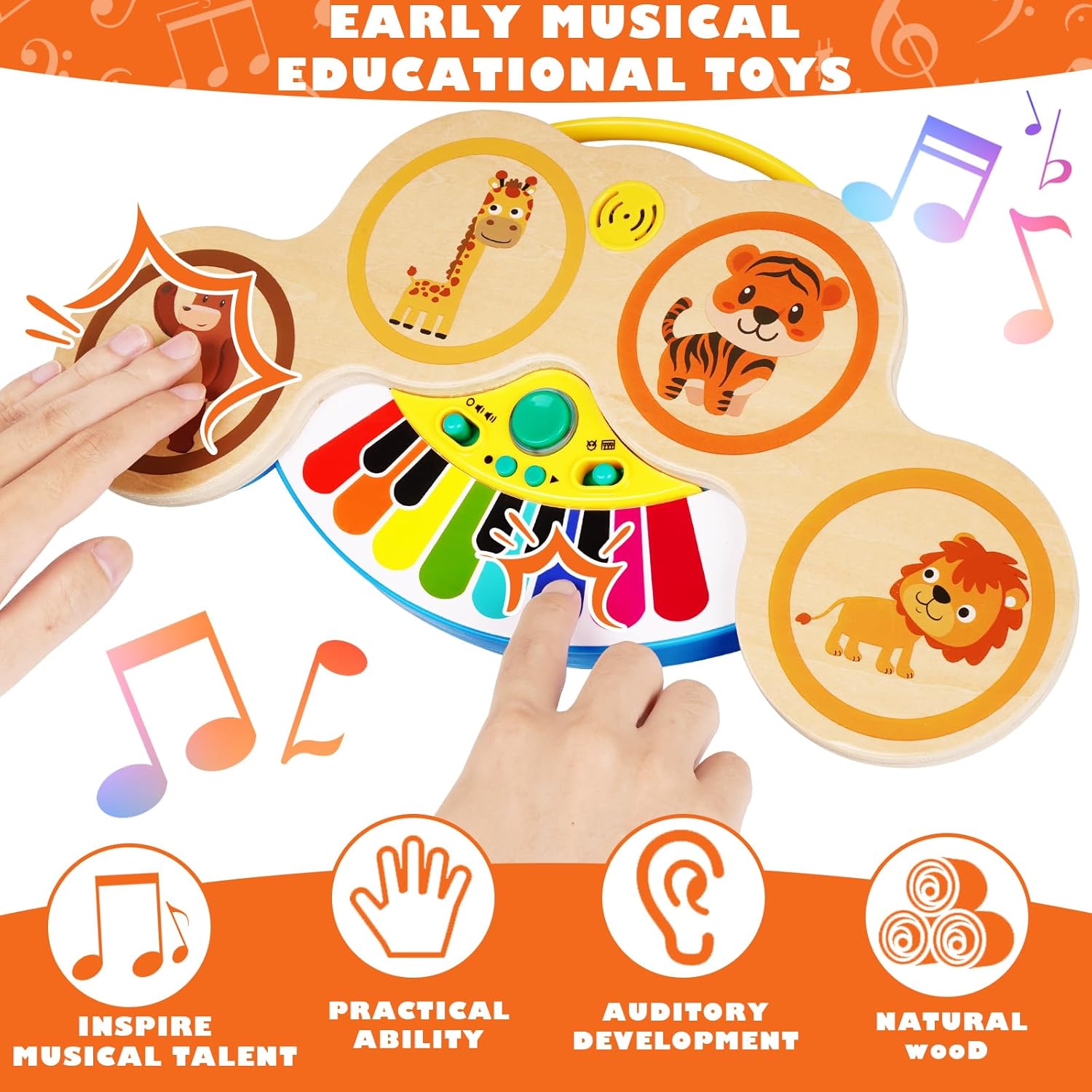 Juego de piano de tambor para bebés y niños, 2 en 1, instrumentos musicales Montessori, juguetes para niños pequeños con canciones y luces,