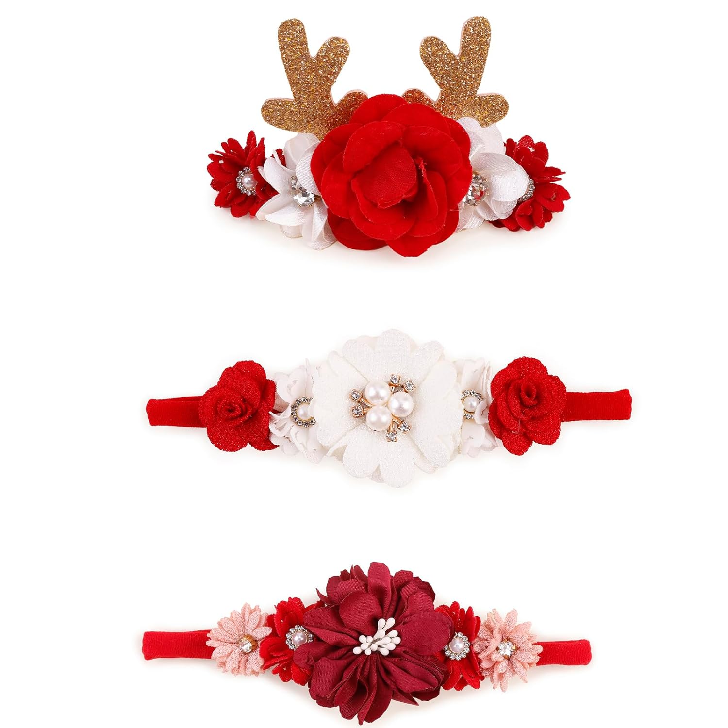 Juego de diademas de Navidad con flores para bebé, diademas elásticas florales, banda de pelo de nailon suave para recién nacidos, accesorios para