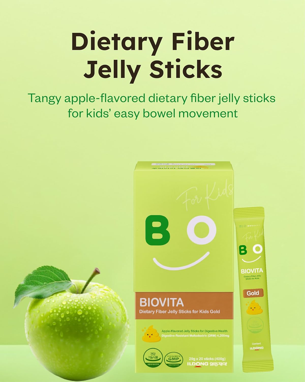 BIOVITA Palitos de gelatina de fibra dietética para niños (20 varillas), 100% fibra soluble a base de plantas, 4,200 mg, movimiento intestinal
