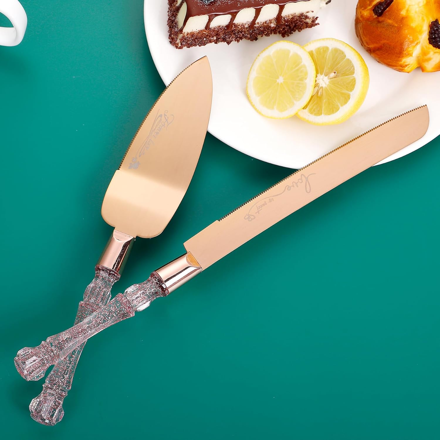 Juego de cuchillos y servidores para tartas de boda, juego de corte de pastel para boda, juego de cortador de pastel de oro rosa para pasteles de