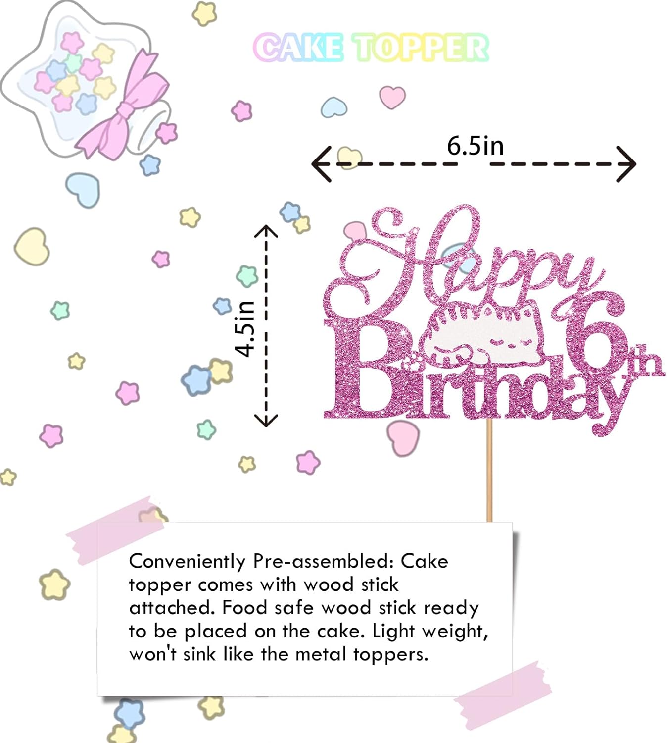 Decoración para tartas de 6 cumpleaños con diseño de gato con purpurina rosa, decoración de pastel de cumpleaños de seis años para niña, decoración