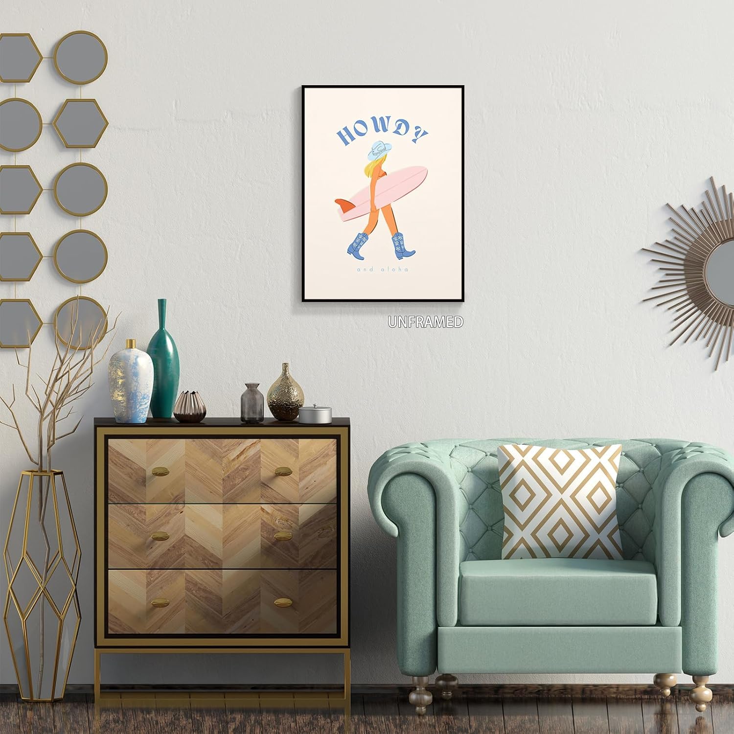 gooptyinh Lienzo decorativo de pared de vaquera costera de moda, póster estético de habitación de niña surfista azul Howdy y Aloha, decoración de