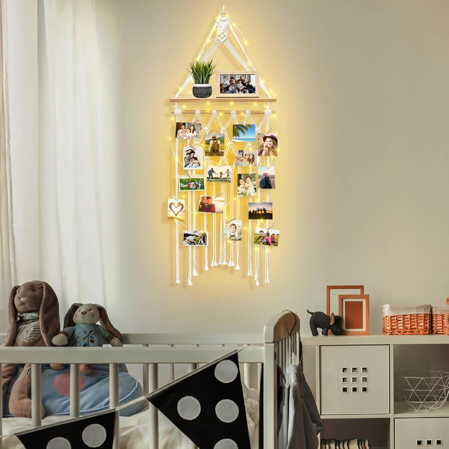 Homecor Estantes colgantes de macramé para decoración de pared, decoración bohemia de habitación, marco de fotos con 30 clips de luz, regalos de