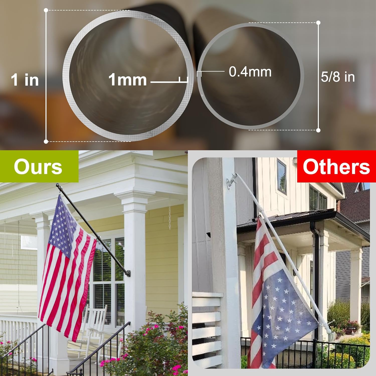 FFILY Mástiles de bandera de 5 pies para banderas de 3 x 5 para exteriores, mástil de bandera para exteriores con anillos de asta de bandera sin