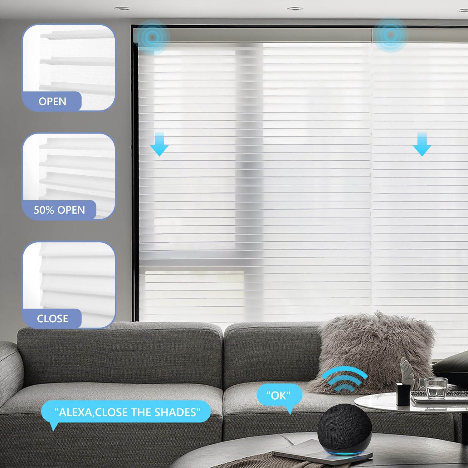 ZSTARR Shangrila – Persianas inteligentes motorizadas compatibles con Alexa Google, control remoto inalámbrico, batería inalámbrica, filtrado de luz
