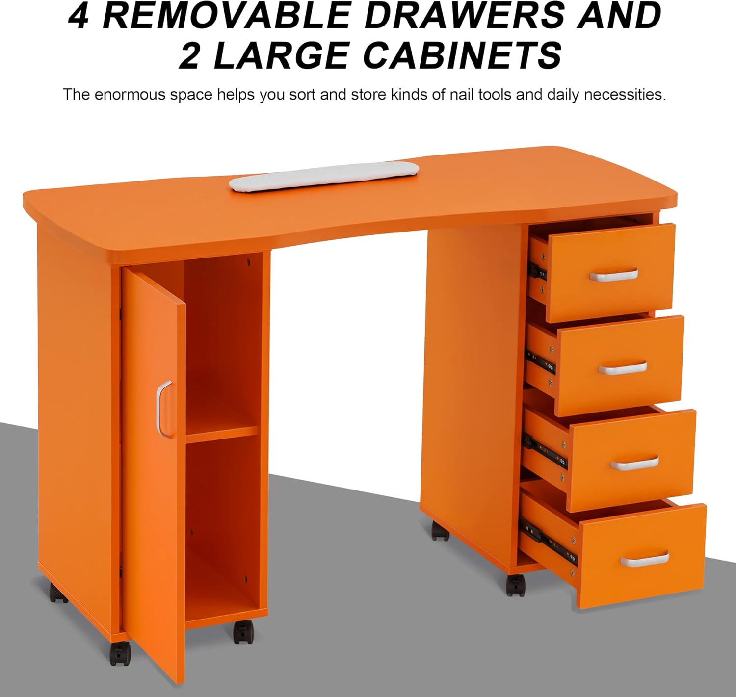 BarberPub Mesa de manicura, escritorio de uñas resistente a la acetona, mesa de uñas con 4 cajones, 2 gabinetes, ruedas bloqueables, almohadilla de