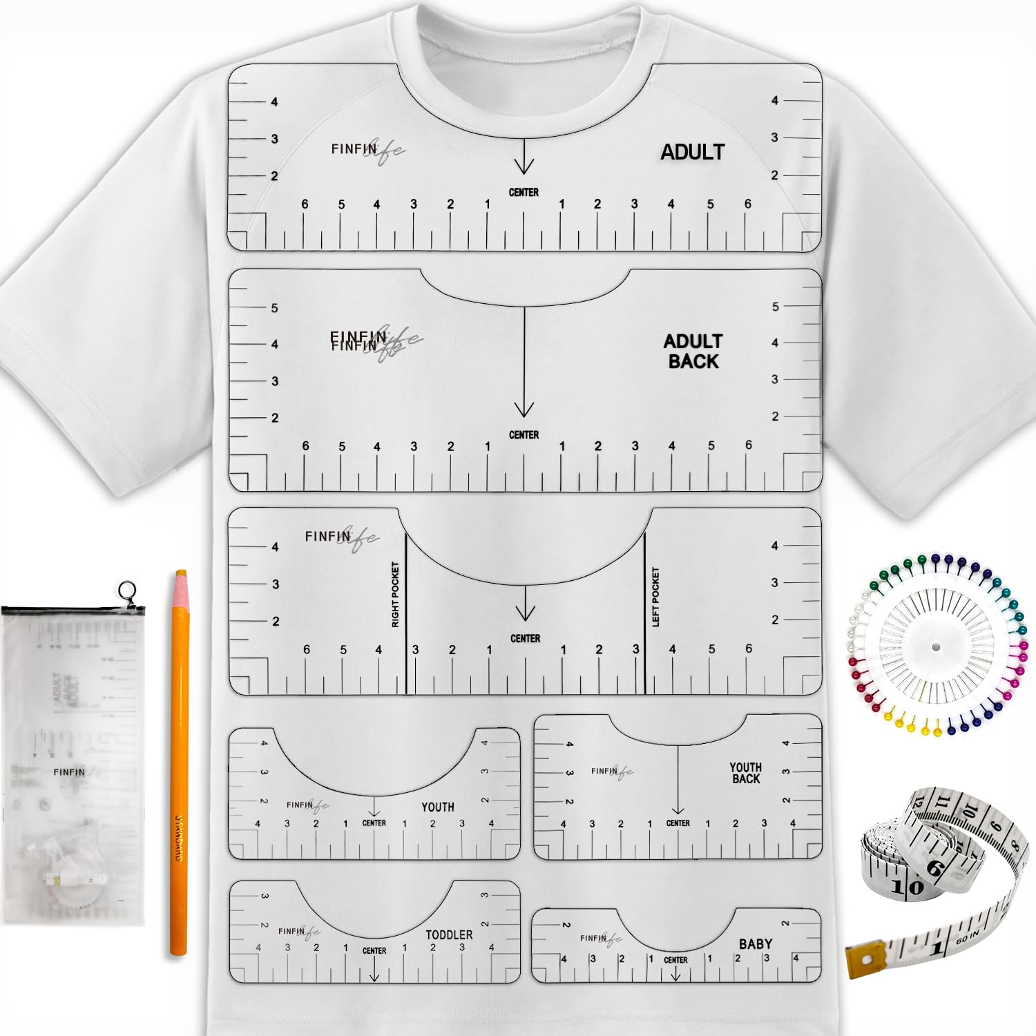 Regla de camiseta, 9 piezas, guía de regla de camiseta para vinilo, alineación de camisas, diseños centrales para prensa de calor, regla de camiseta