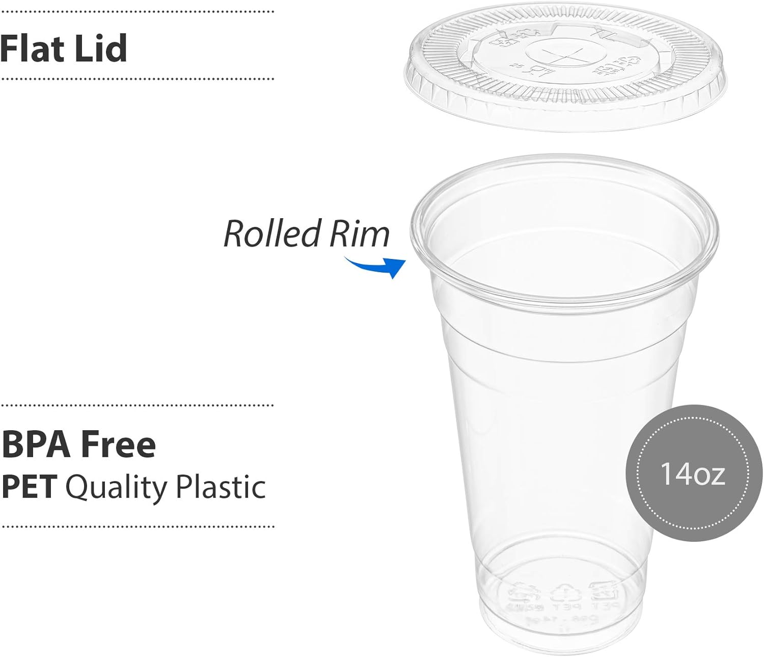 ELEGANT DISPOSABLES 50 juegos  12 onzas Vasos de plástico transparente para mascotas con tapas planas para café helado, bebidas frías, batidos,