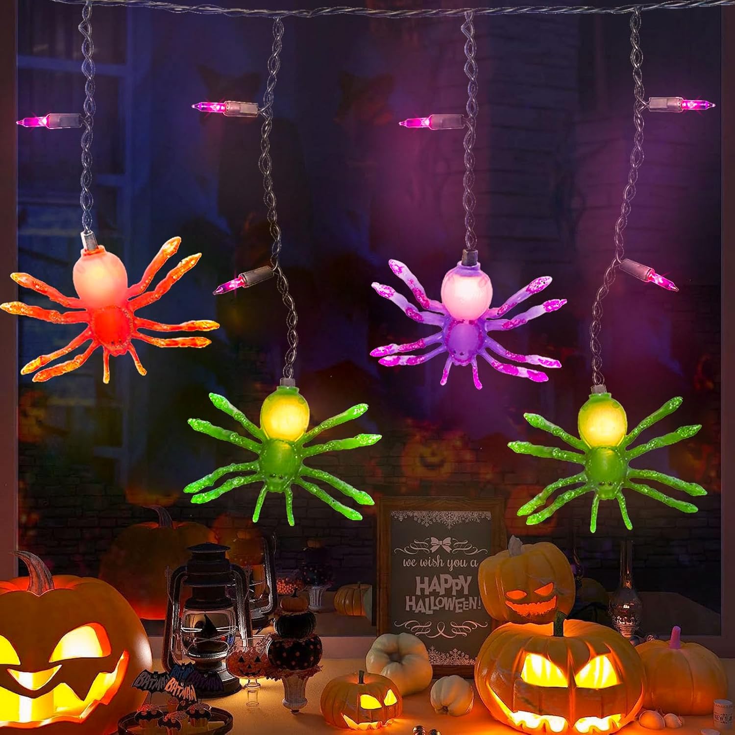 Jasneniebo Luces decorativas de Halloween, 25 bombillas enchufables de 7 pies, tira de luces de Halloween con 10 arañas conectables, cortina de
