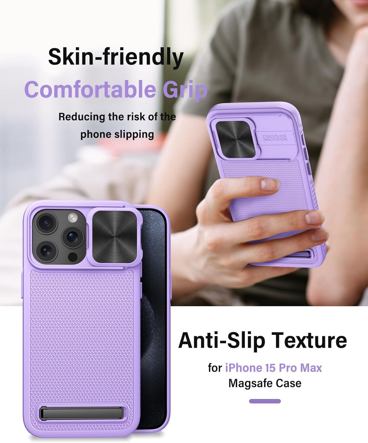 Vihibii Funda para iPhone 15 Pro Max, compatible con MagSafe, soporte integrado y cubierta de cámara deslizante, protección contra caídas de grado