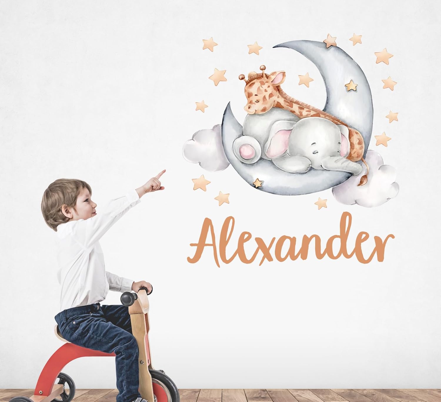 Calcomanía de pared personalizada con nombre de jirafa y elefante para habitación de niños, calcomanías de pared para guardería, diseño de jirafa,