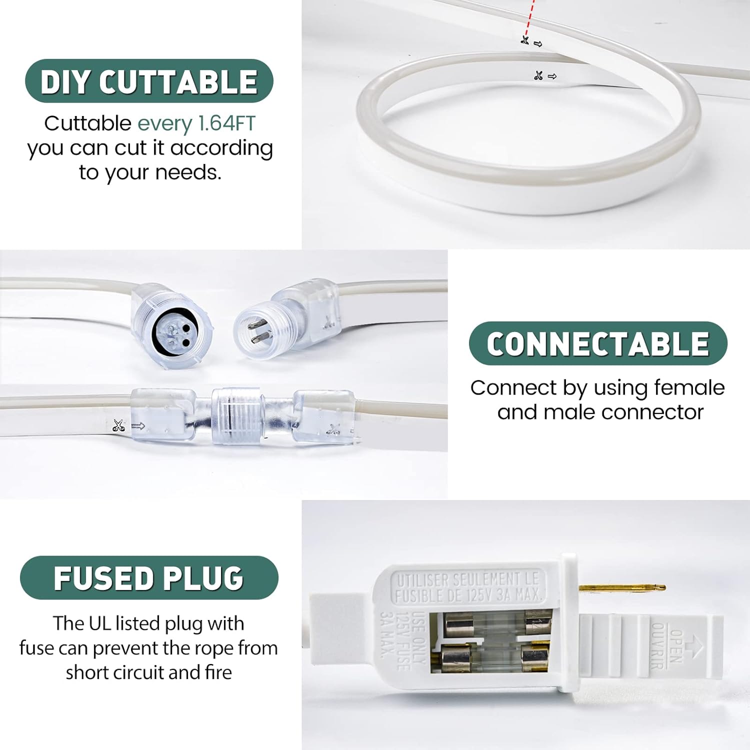 GZBtech Tira de luces LED flexibles de neón de 50 pies, CA 110-120 V, impermeable, 120 LEDsM, iluminación de neón conectable para decoración del