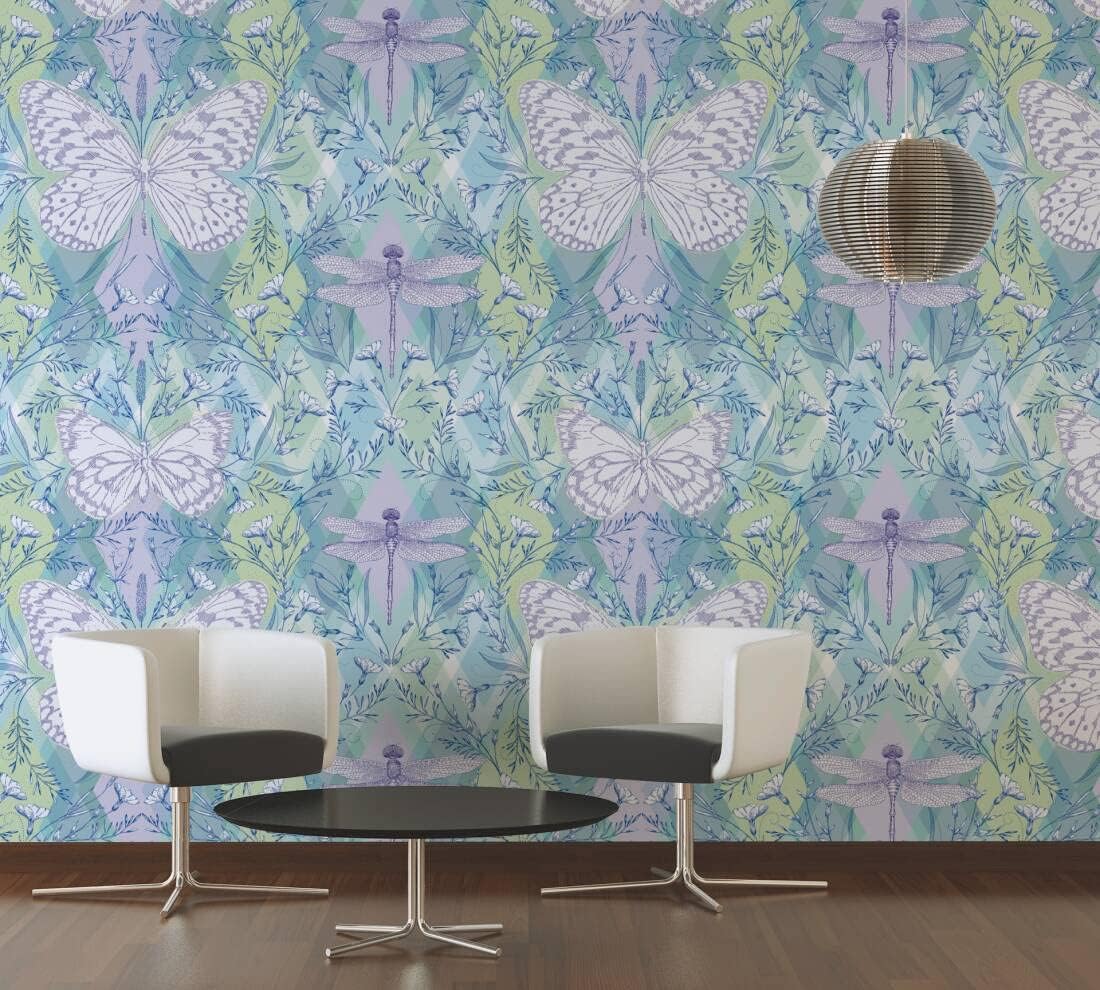 CONCORD WALLCOVERINGS  Papel tapiz floral para dormitorio, flores, mariposas, azul y verde lila, 63 pulgadas de ancho x 110 pulgadas de alto, 3