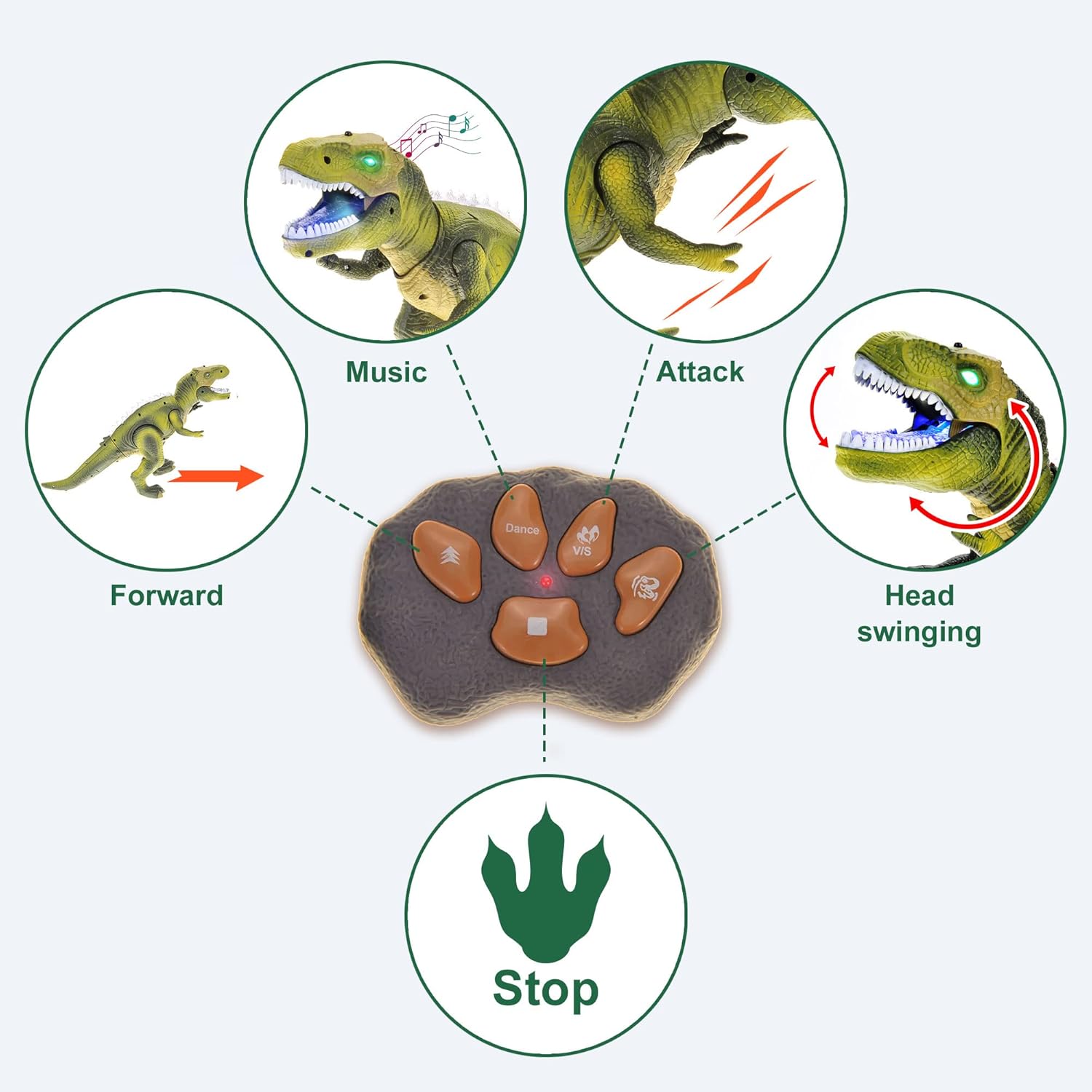 PowerTRC Juguete T-Rex de dinosaurio a control remoto para niños, sonidos prehistóricos realistas, juguete robot de dinosaurio que se ilumina y