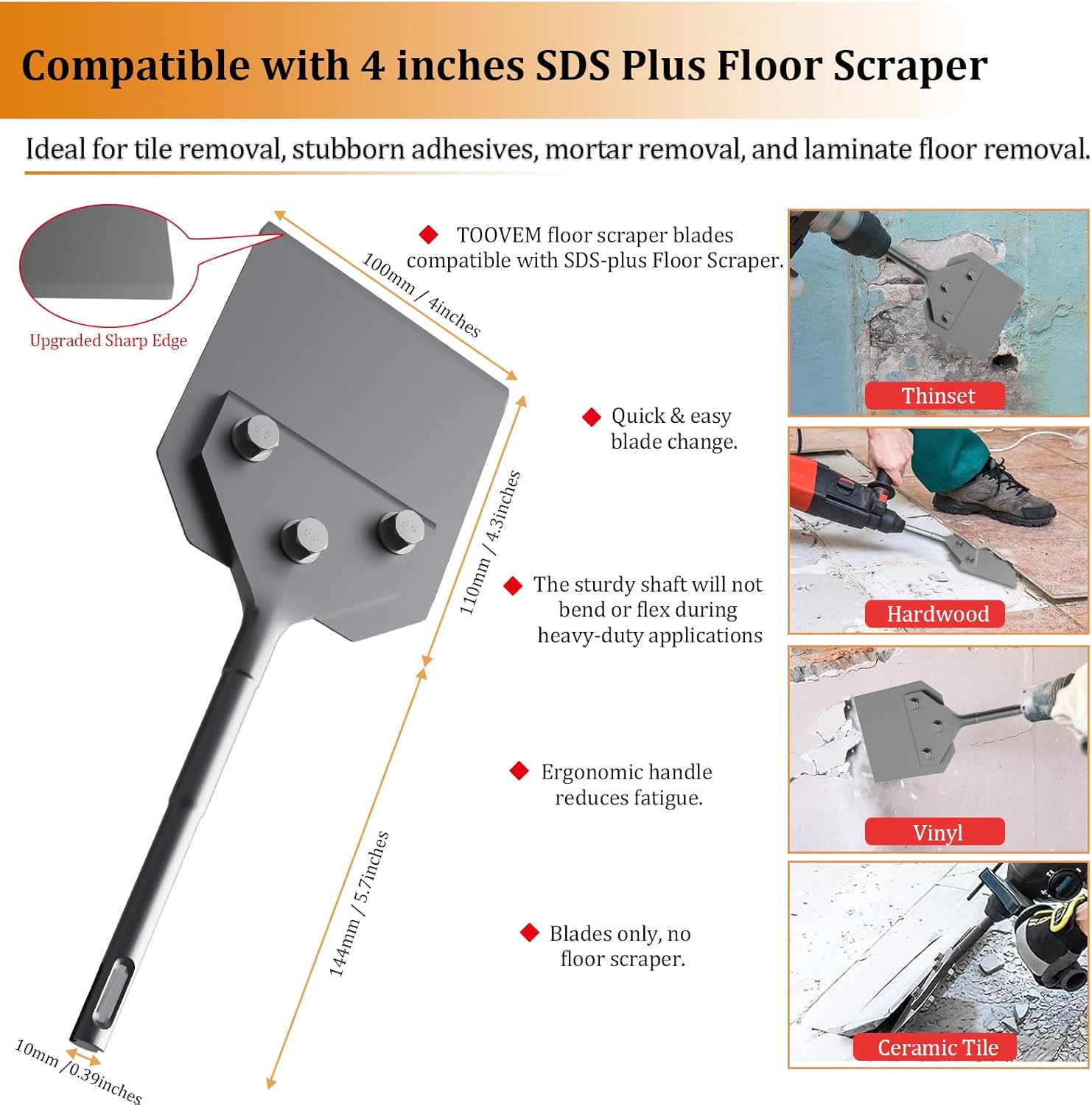 TOOVEM – 2 cuchillas de repuesto para rascador de suelo SDS Plus, cuchillas de eliminación de adhesivos de 4 pulgadas de ancho con pernos, tuercas y
