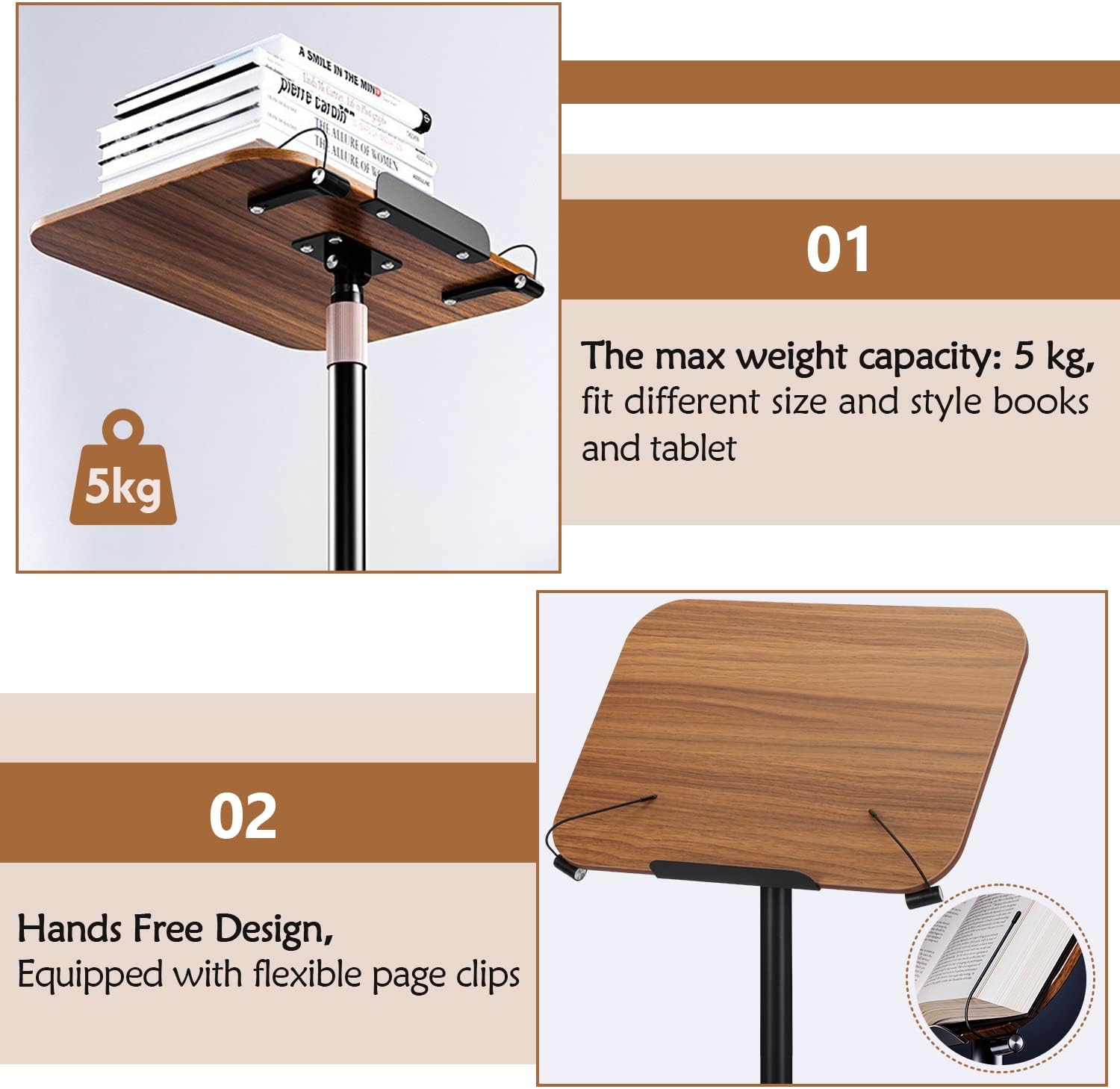 Nisorpa Soporte de libro para leer podio ajustable a mano libre para la Biblia, hoja de música, libro de recetas de cocinero, soporte de madera con