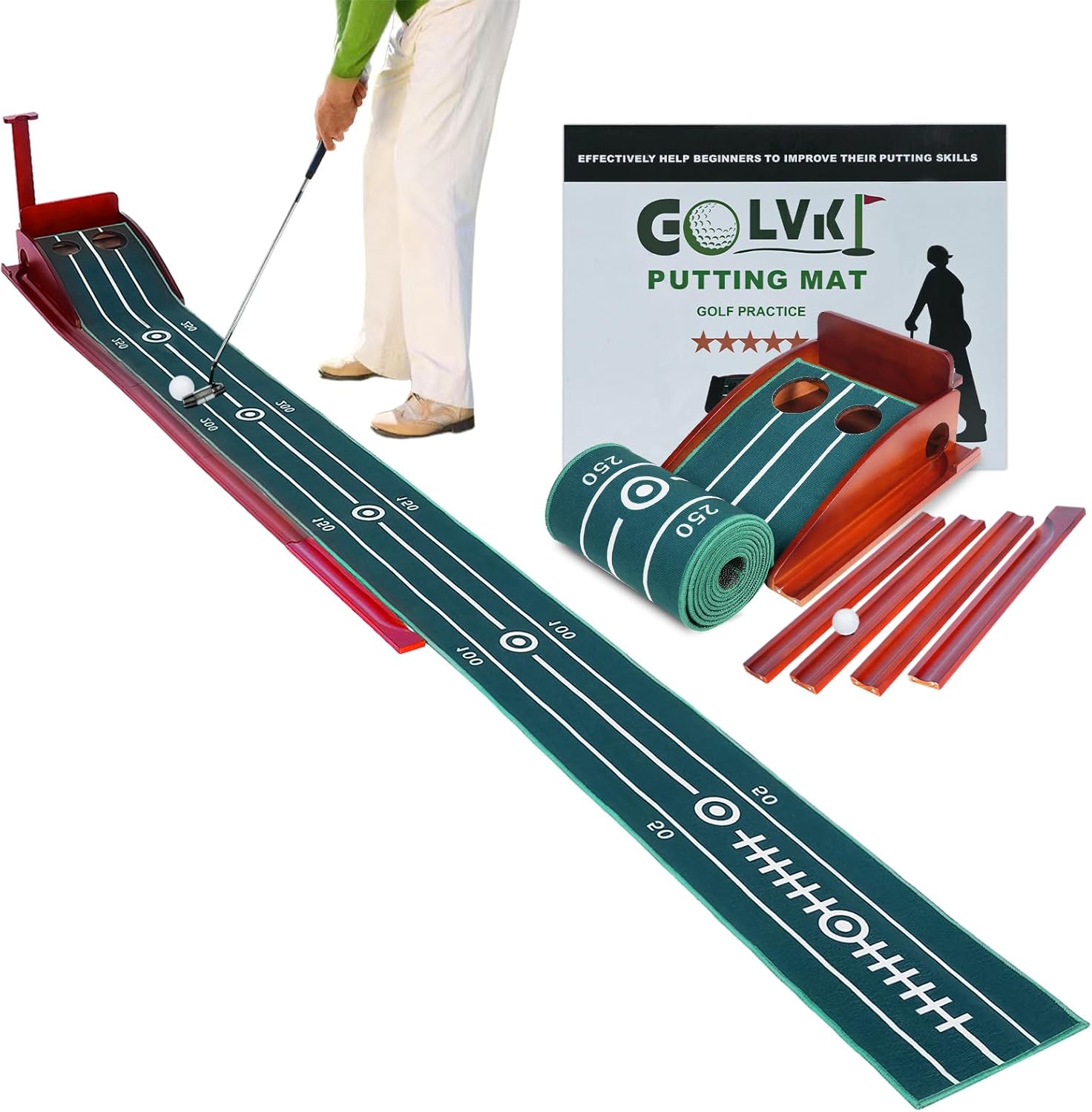 GOLVKI Putting Matt de golf para interiores y exteriores, verde con retorno de pelota y entrenamiento de 2 tamaños de agujero, equipo de