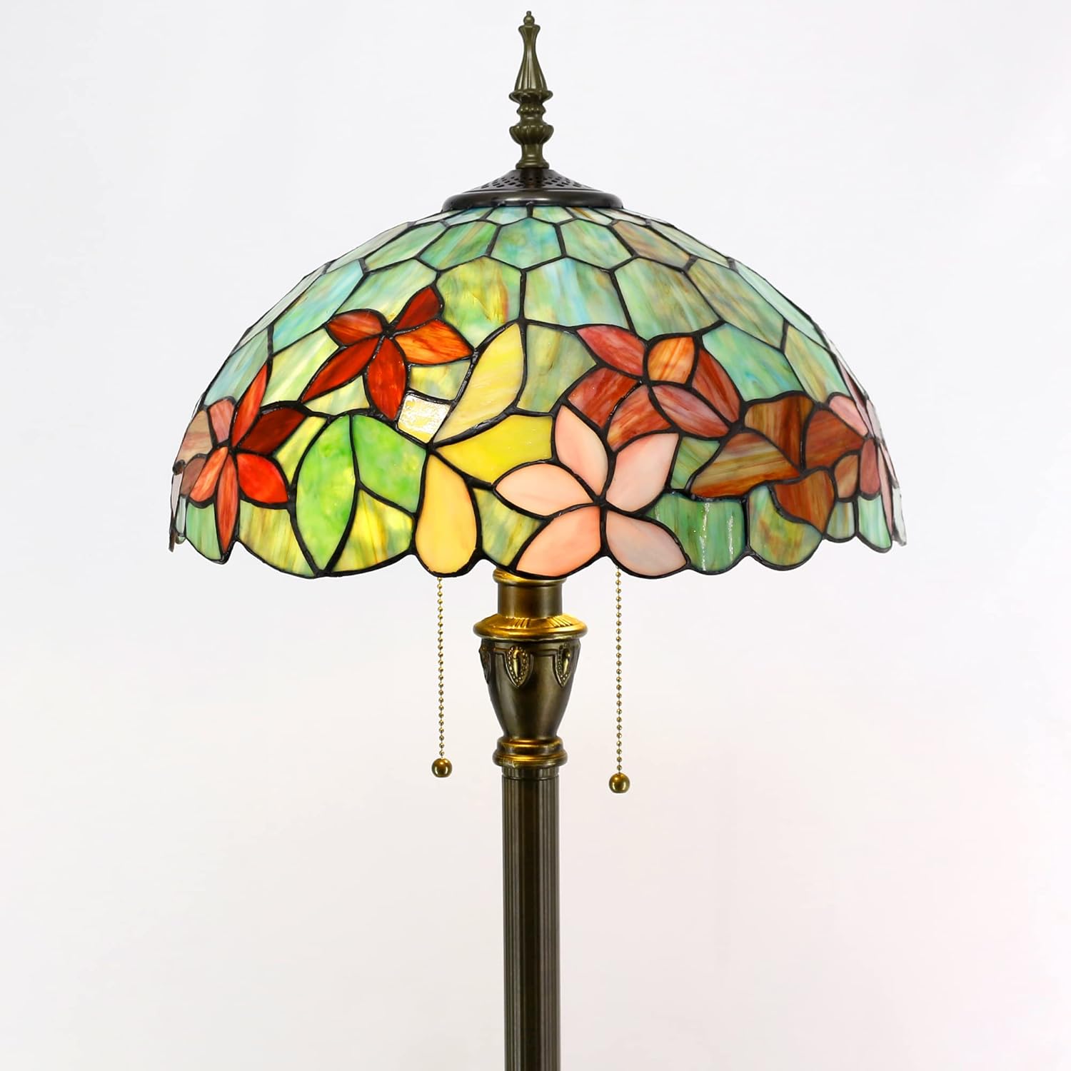 Tiffany – Lámpara de pie con vitrales, 16 x 16 x 70 pulgadas, luz de lectura antigua (flores rojas y verdes)