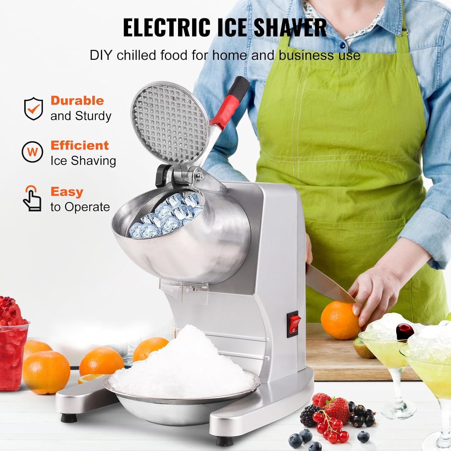 VEVOR Máquina trituradora de hielo, máquina eléctrica de cono de nieve de 220 libras por hora con 4 cuchillas, máquina de hielo afeitado de acero
