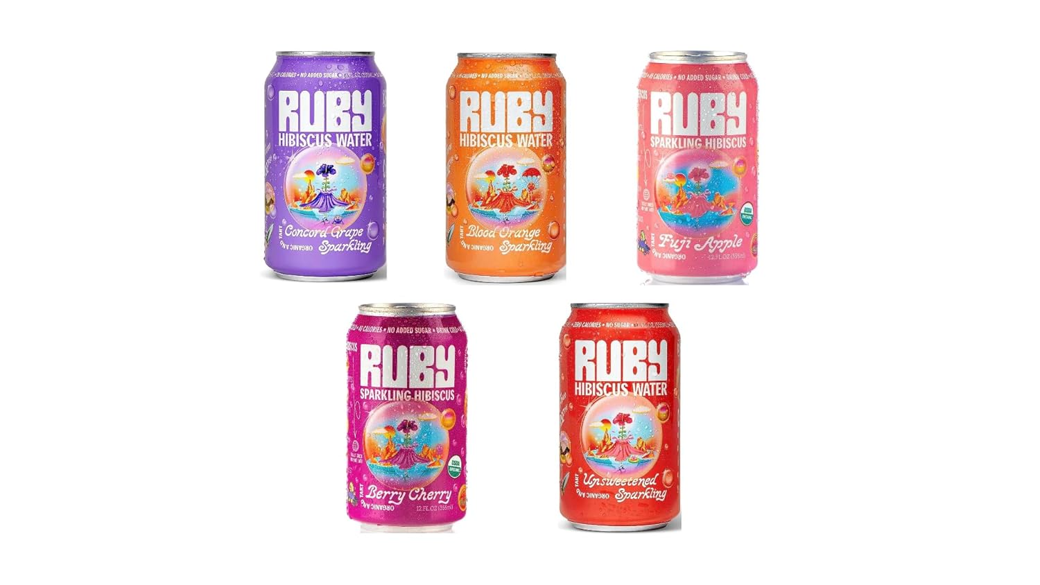 Ruby Hibiscus – Paquete variado de 5 agua potable con sabor orgánico, bebidas frescas, sin azúcar añadida, naranja sangre, manzana Fuji, uva