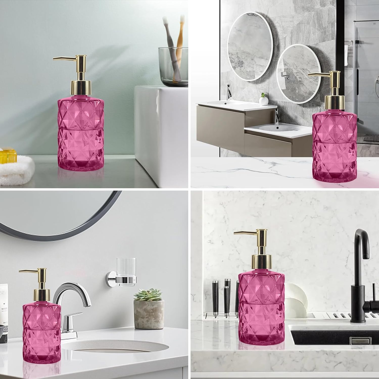 Dispensador de jabón con bomba, dispensador de jabón con patrón de diamante para encimera de cocina, baño, accesorios de baño rosa intenso (paquete