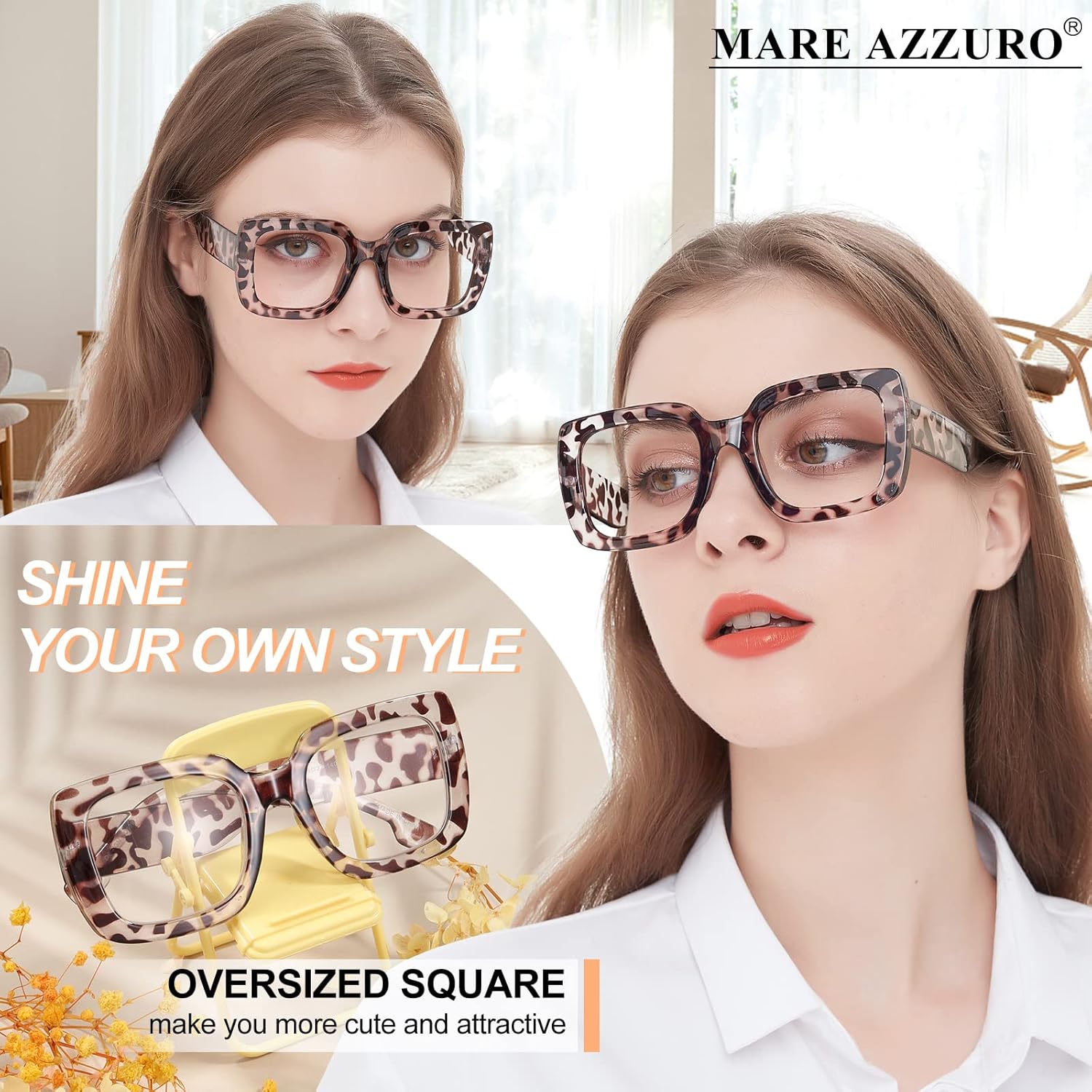 MARE AZZURO Gafas de lectura para mujer, de gran tamaño, cuadradas, para lectores 1.0, 1.25, 1.5, 1.75, 2.0, 2.25, 2.5, 2.75, 3.0, 3.5, 4.0, 5.0, 6.0