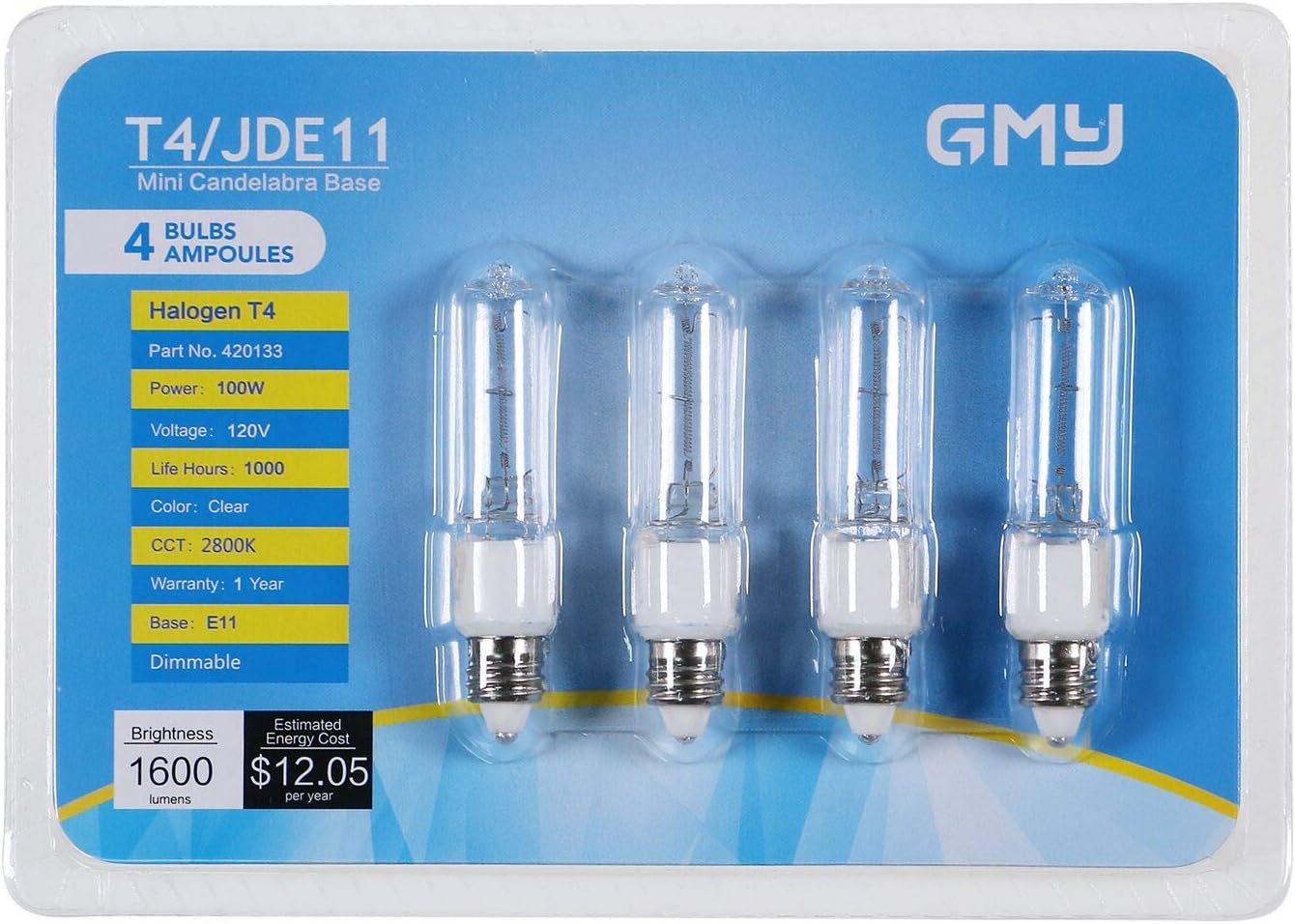 JDE11 120V 100W T4 Mini Candelabro Base 1600lm 2800K Clear Dimmable JD E11 Bombillas halógenas paquete de 4