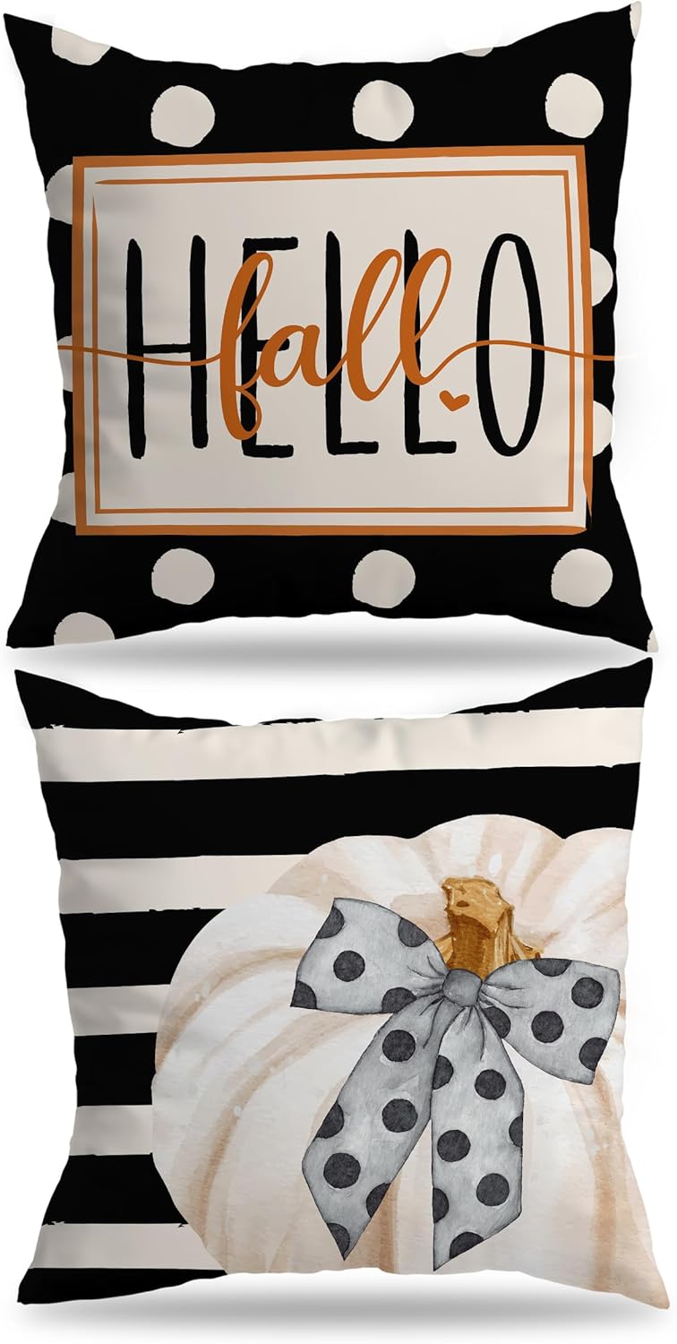 Hello Fall – Fundas de almohada con lazo de calabaza, 18 x 18 pulgadas, juego de 2 fundas de almohada de temporada de otoño de Acción de Gracias,