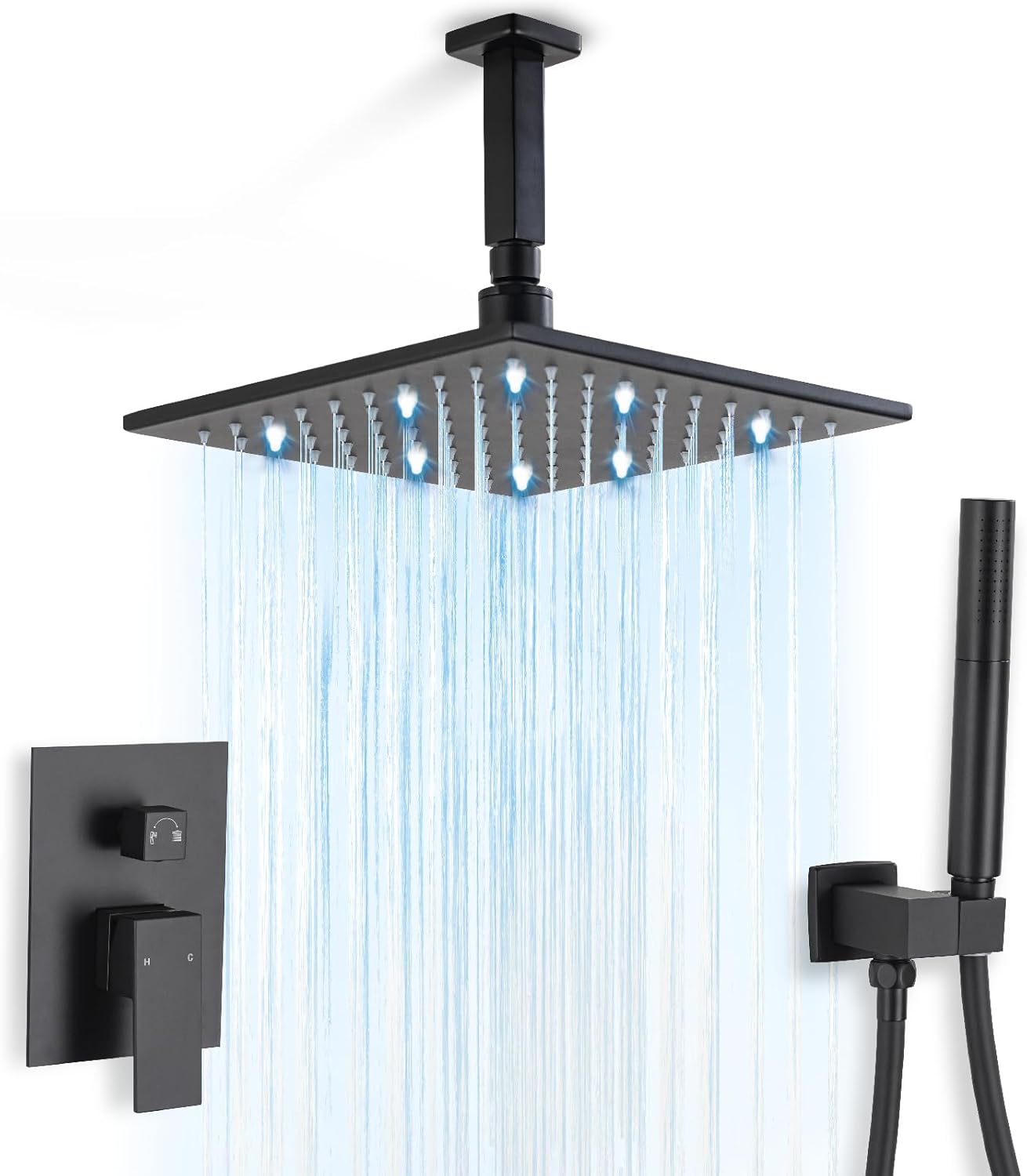 Juego de grifo de ducha LED montado en el techo, cabezal de ducha de lluvia de 10 pulgadas con rociador de mano 2 en 1, sistema de ducha LED,