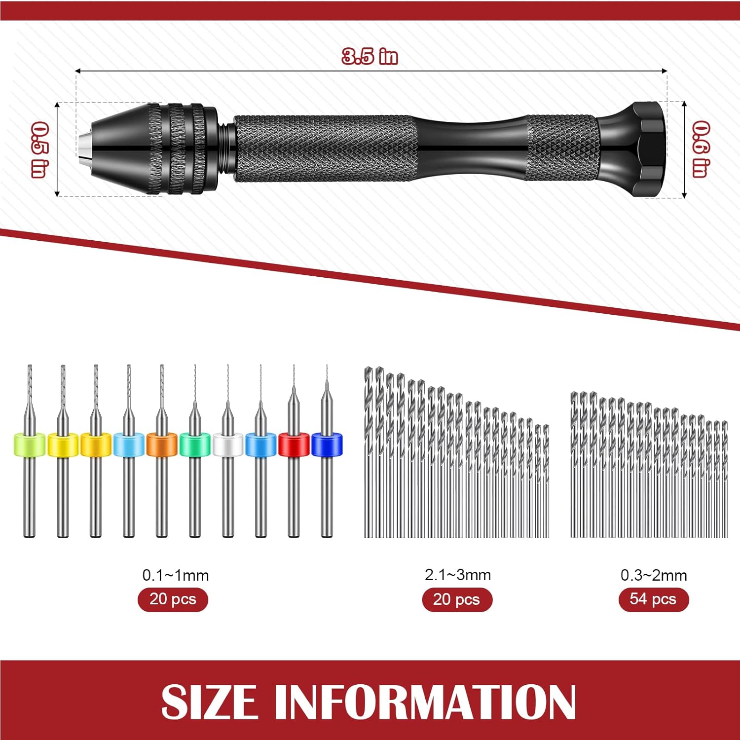 Juego de 95 brocas manuales, taladro de mano con tornillo de banco de pasador negro, 74 brocas micro torcidas y 20 piezas de mini brocas de PCB para
