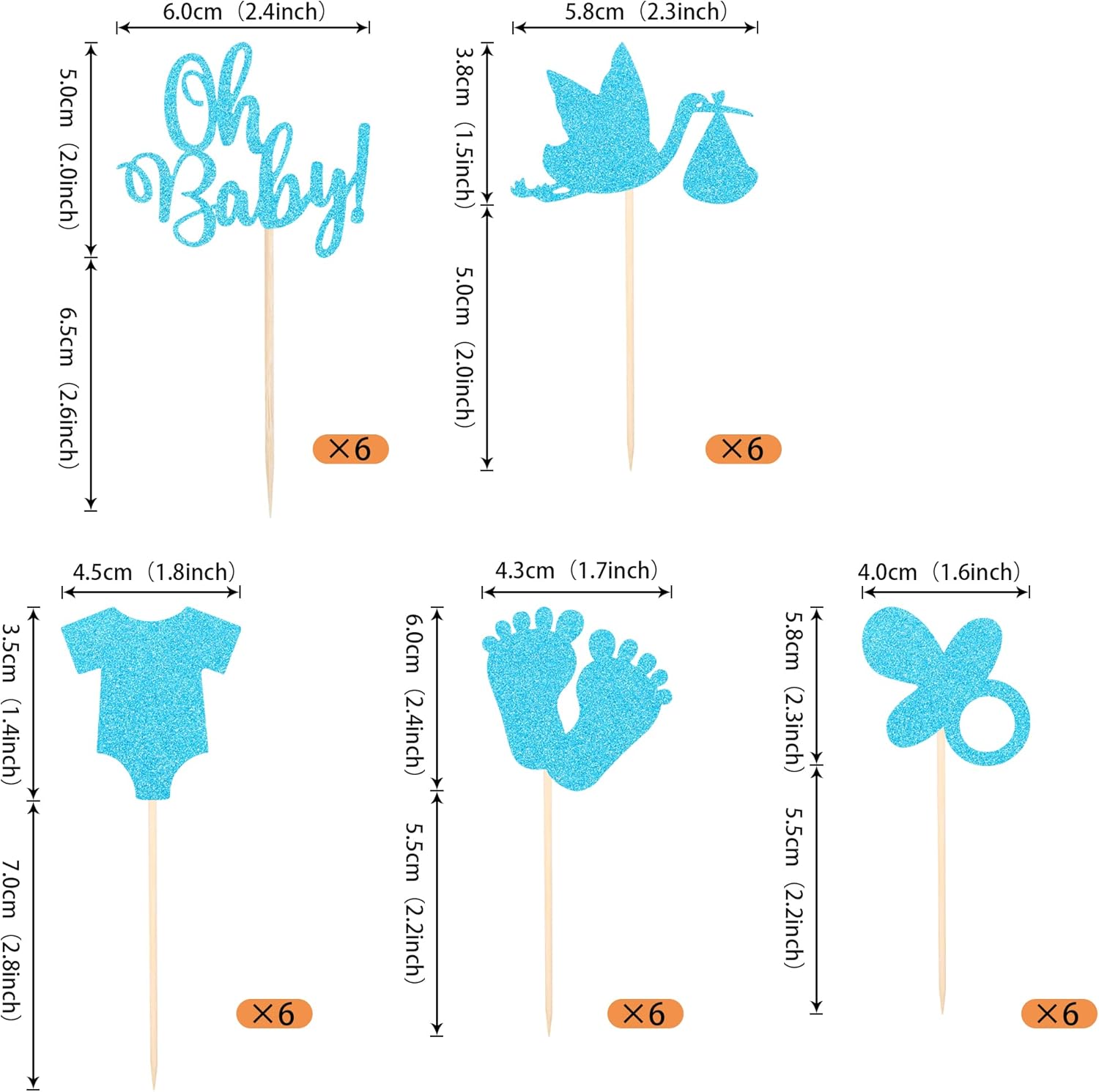 Paquete de 30 decoraciones para cupcakes con purpurina para baby shower, para niños, para chupete, pies, revelación de género, para pasteles,