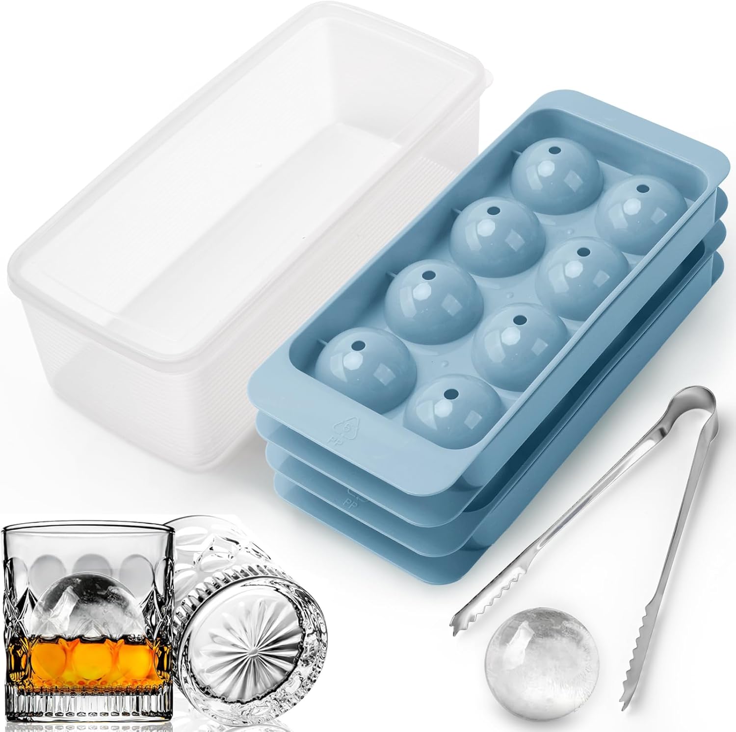 Molde redondo para cubitos de hielo, 2 x 8 unidades x 1.8 pulgadas, bandeja circular para cubitos de hielo con tapa y contenedor, molde para hacer
