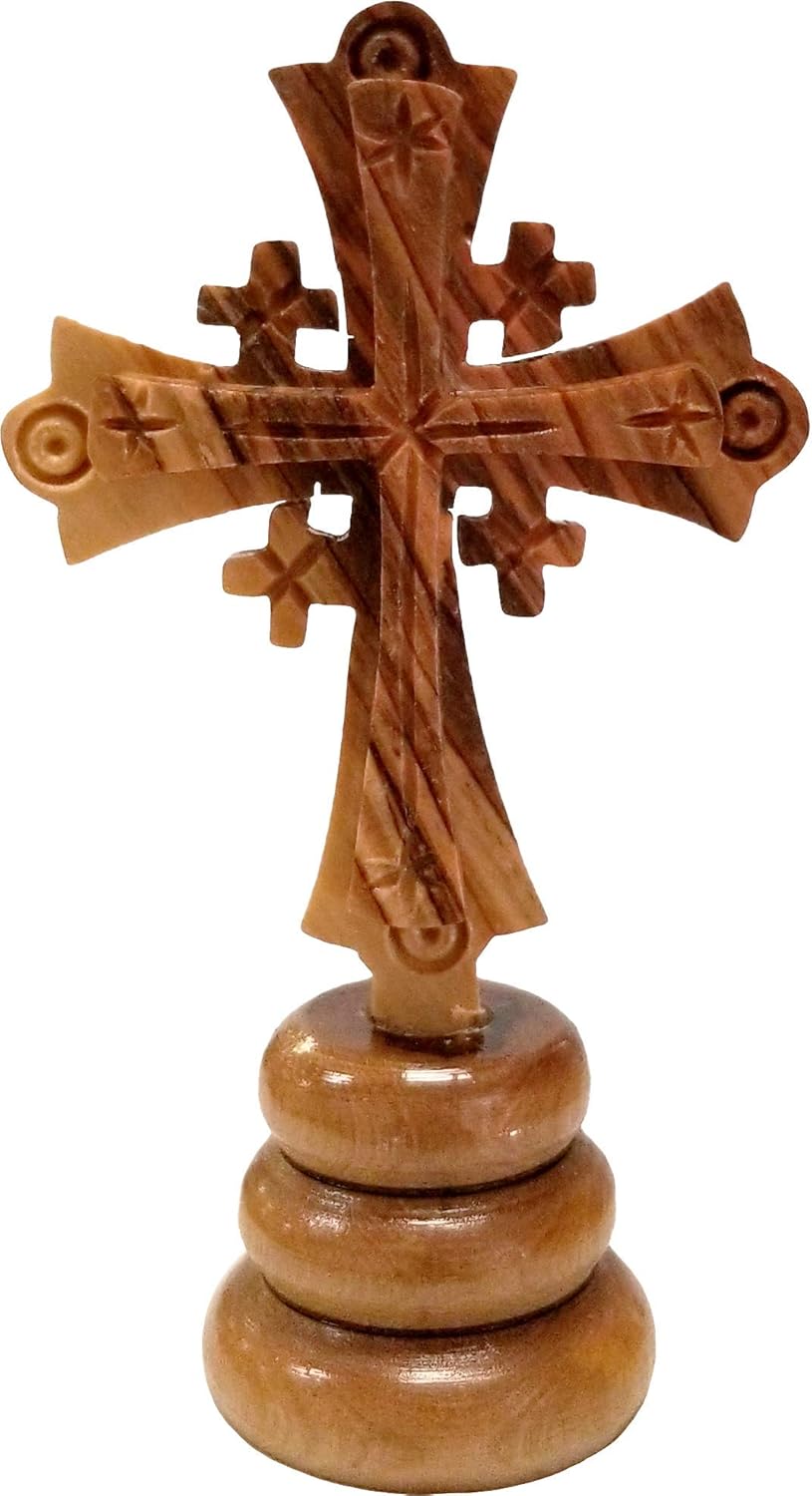 Combo de cruz de Jerusalén de pie de madera de olivo de Tierra Santa de Israel, mediano, cruz tallada a mano en soporte, 4.25 pulgadas