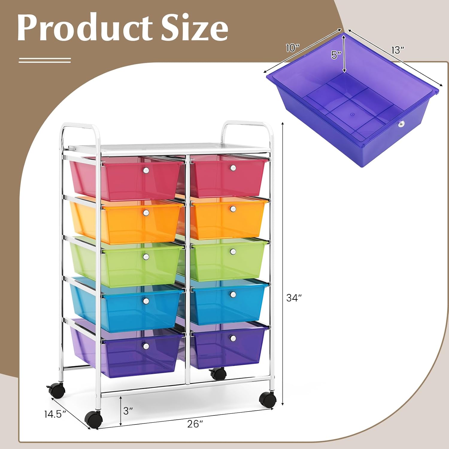 RELAX4LIFE Carrito de almacenamiento rodante con 10 cajones, carrito de almacenamiento para manualidades con ruedas bloqueables, carrito utilitario,