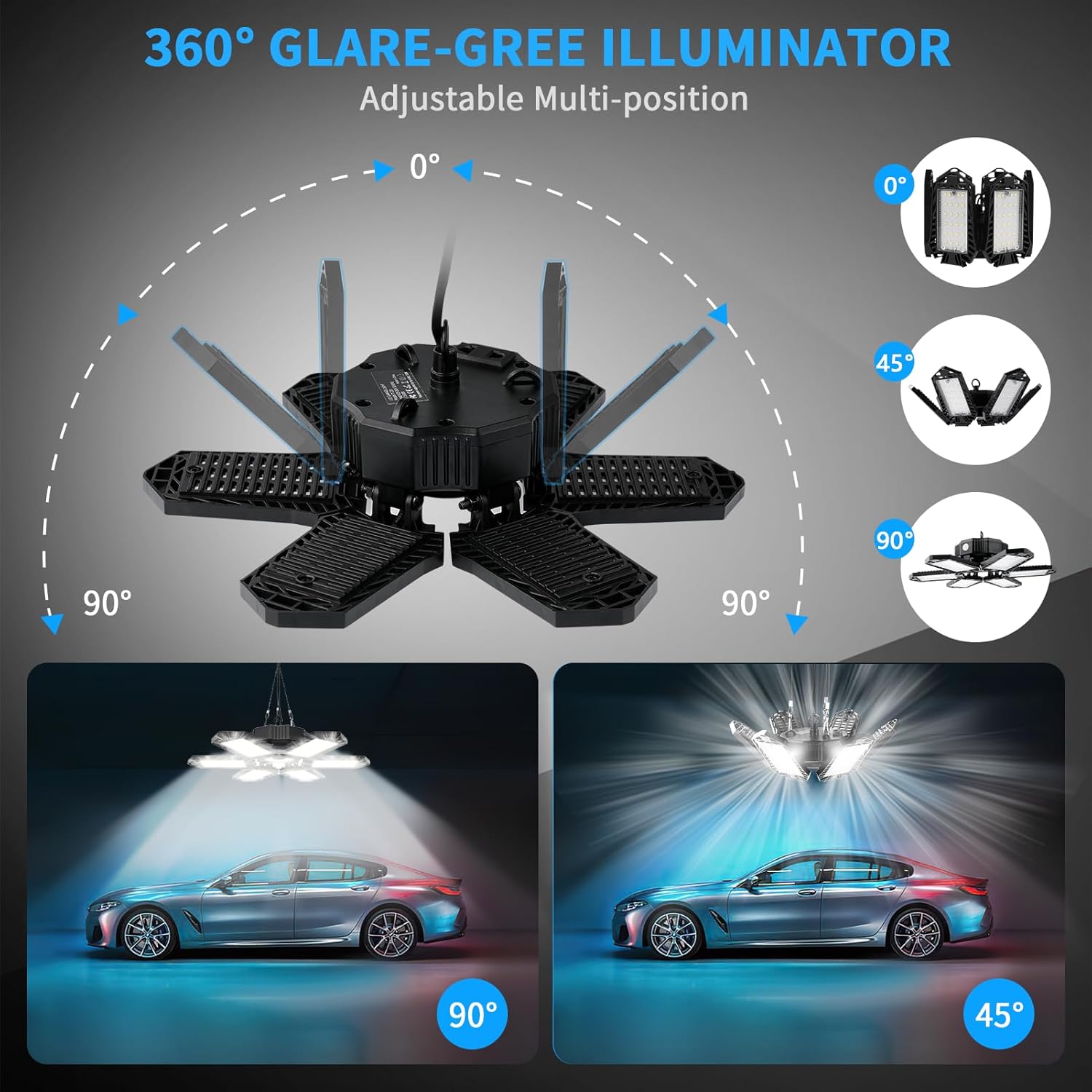 Paquete de 4 luces de garaje enchufables, 185 W, 18500 lúmenes, luz LED de tienda conectable, 6500 K, luces de techo LED con 6 paneles deformables