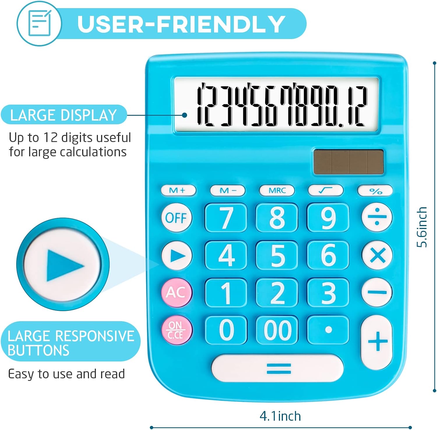 Calculadoras de escritorio, botón grande de pantalla grande, energía solar y de batería dual, 12 dígitos pequeña calculadora funcional básica