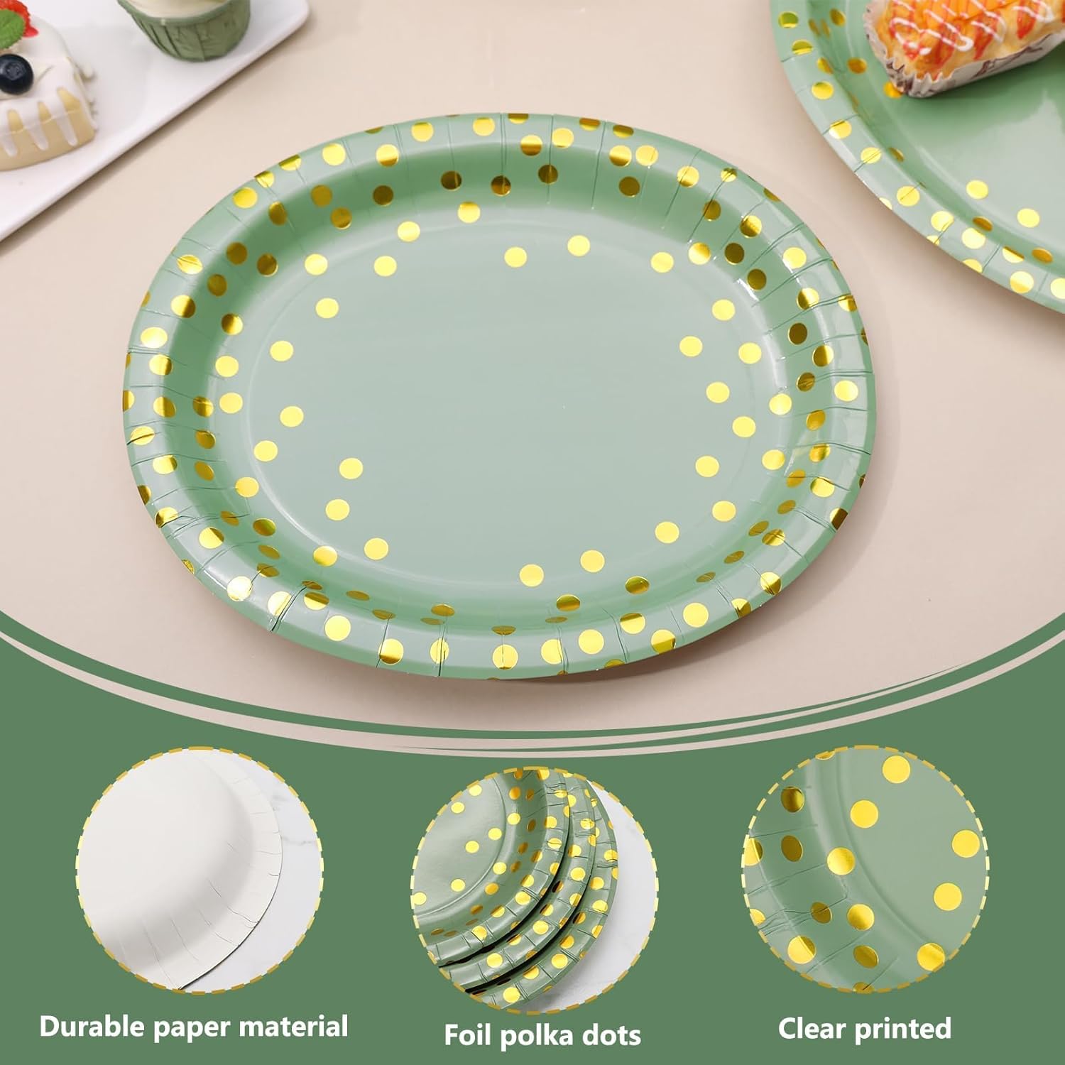 VEIZEED Platos de papel verde salvia de 10 x 12 pulgadas, platos verdes salvia para 50 invitados, platos de papel ovalados grandes, platos de fiesta