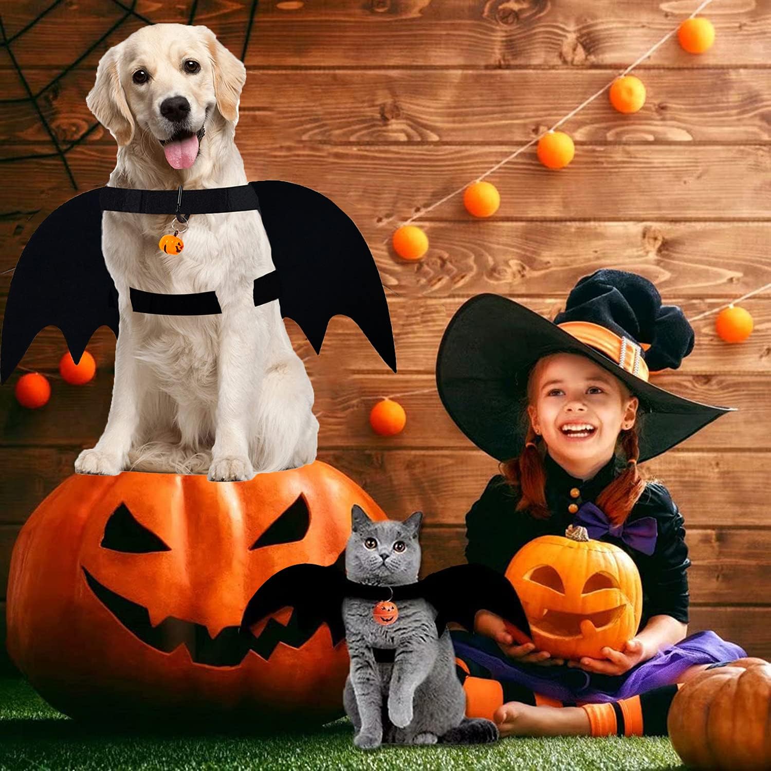 Alas de murciélago para perro, disfraz de Halloween para perros medianos y grandes, ropa divertida para perros con correas y campanas de calabaza,